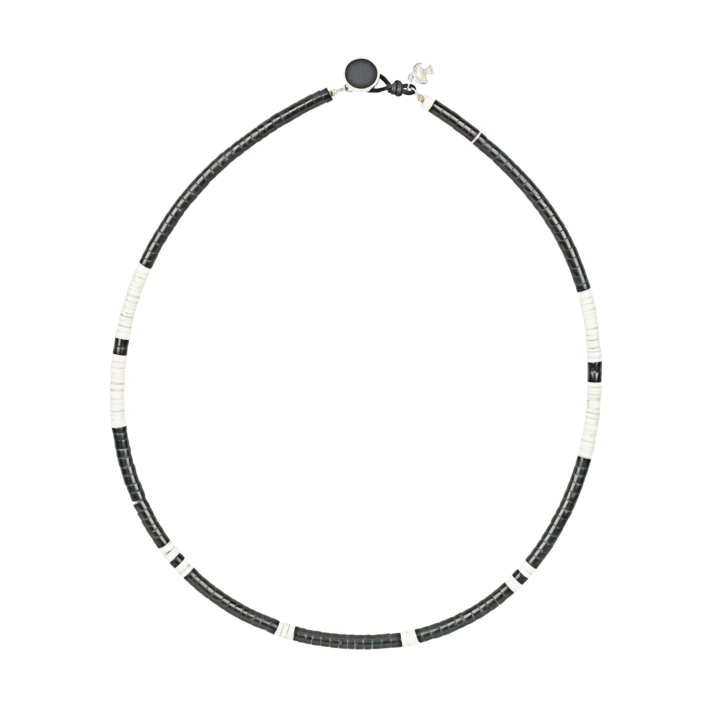 Black and white heishi style cut bead neckalce with onyx button and loop closure.