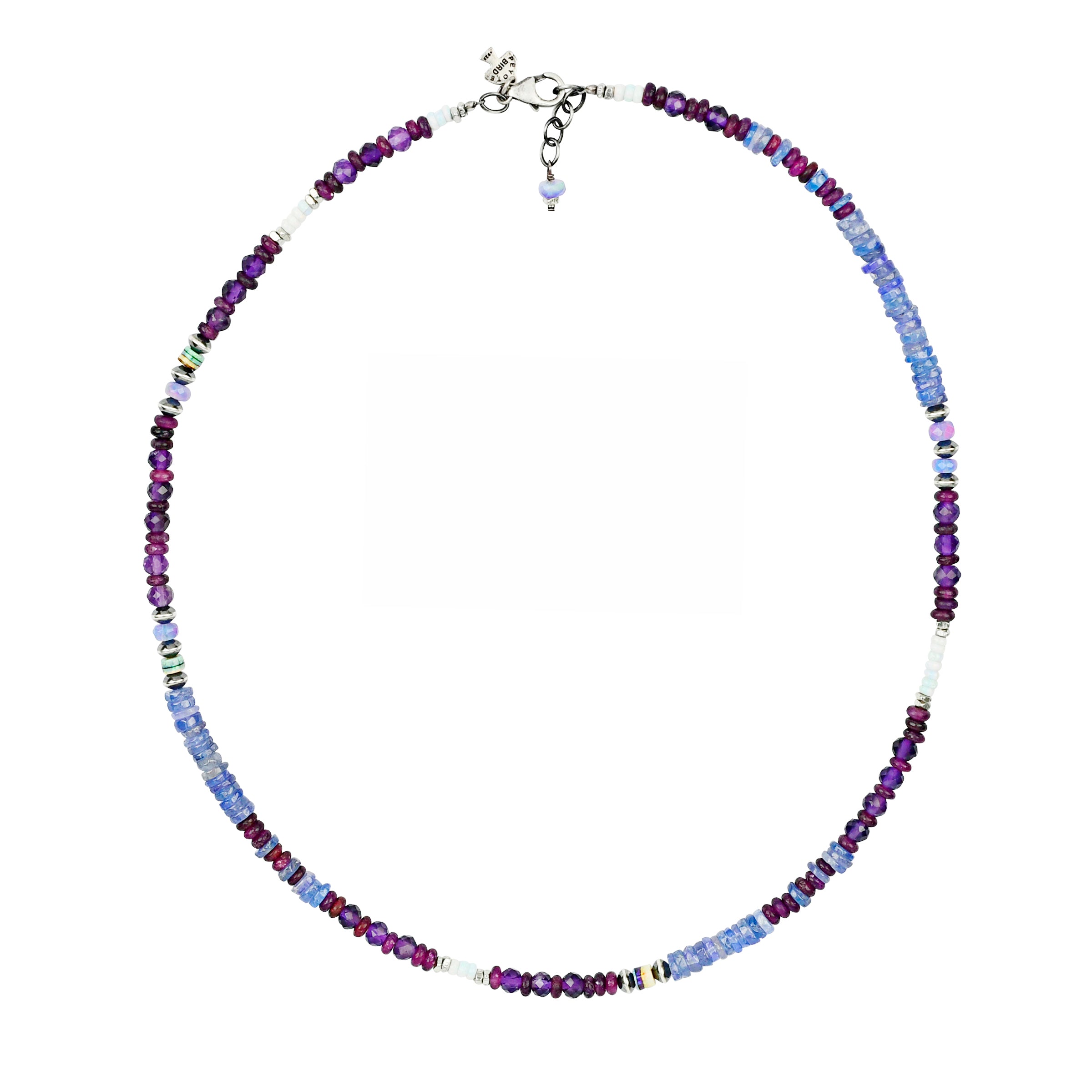 Beaded necklace with blues and purples and sterling silver lobster claw closure with extender chain.