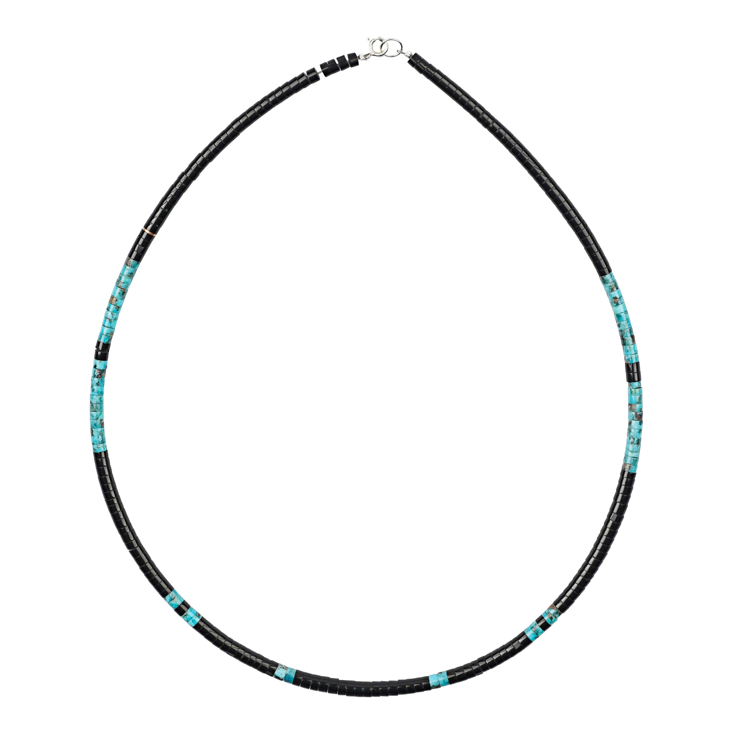The Black Mesa necklace hand strung by the Calabaza's with black and turquoise heshi beads