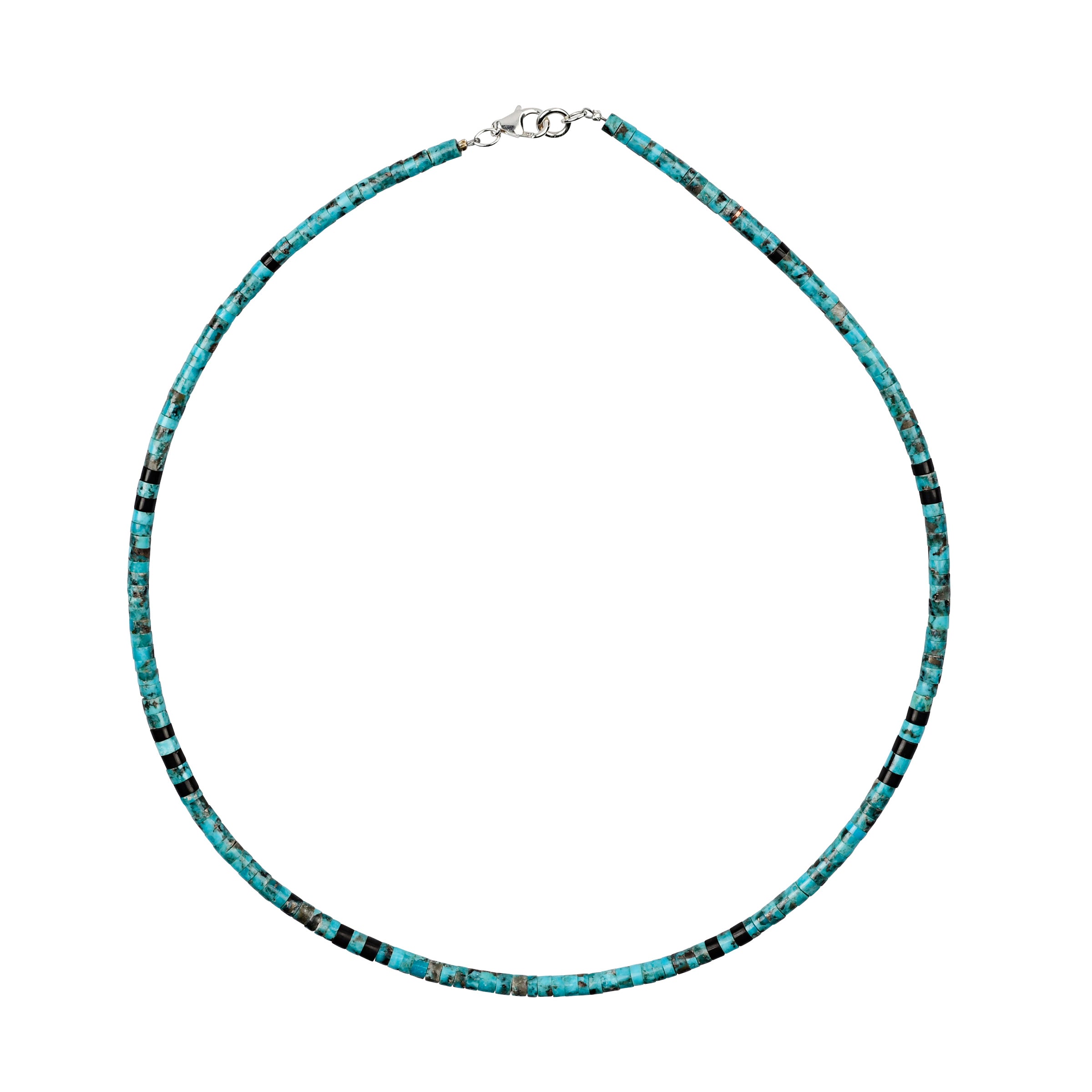 The Western Skies Necklace by the Calabaza's is hand-cut heishi beads of turquoise and jet