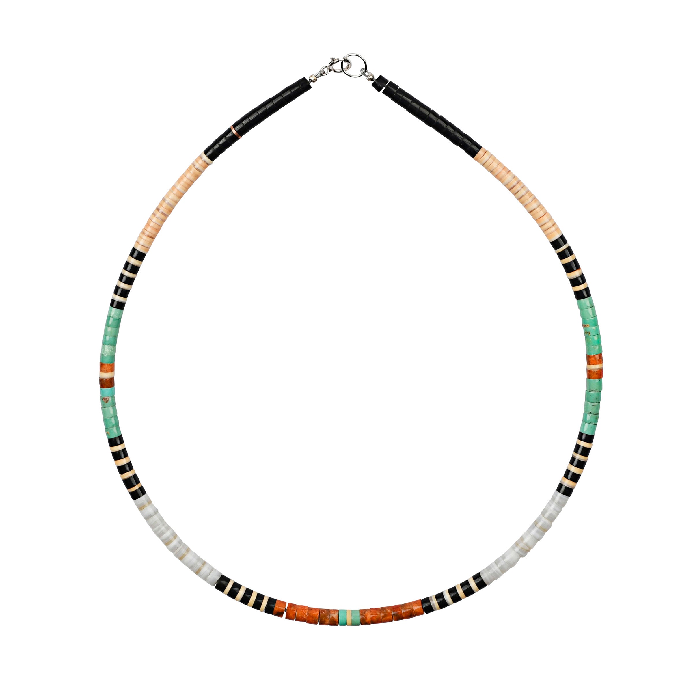 Calabaza Desert Mosaic Necklace hand-cut and hand-strung heishi necklace with green turquoise, jet, pipestone and shell