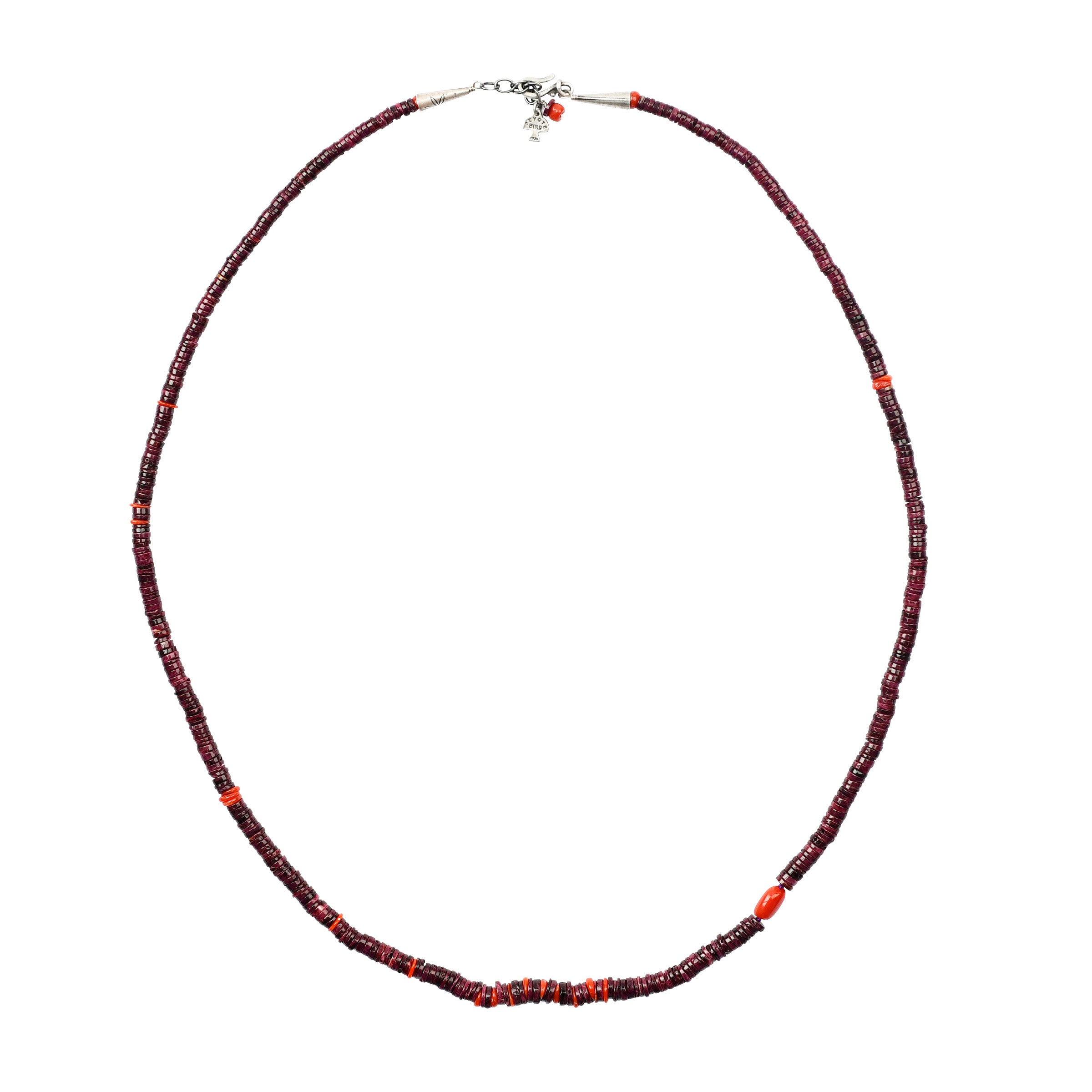 puple beaded necklace with red pops of color and sterling hook closure.