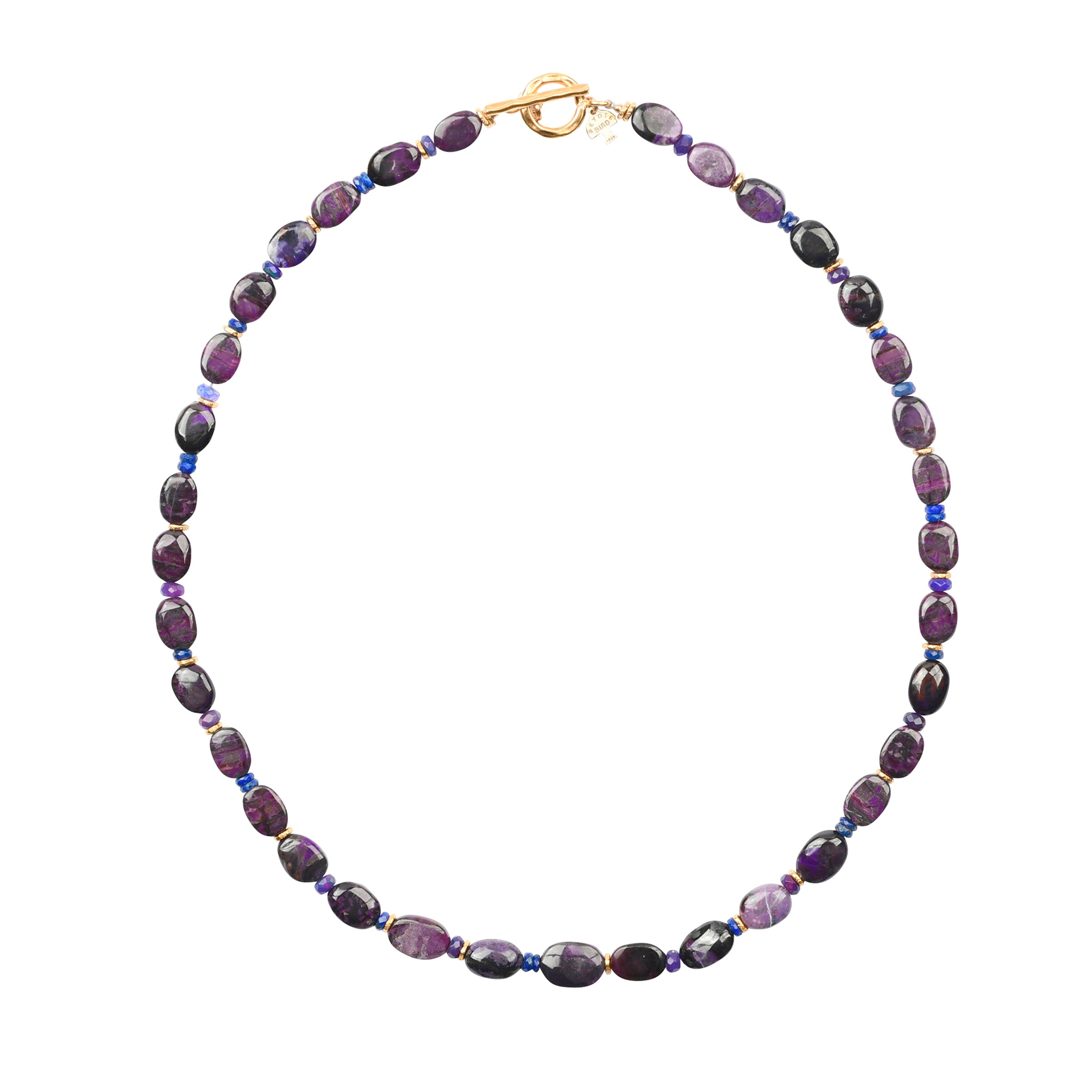 Beaded purple spiny oyster shell necklace with pops of opals throughout and gold tone toggle closure.