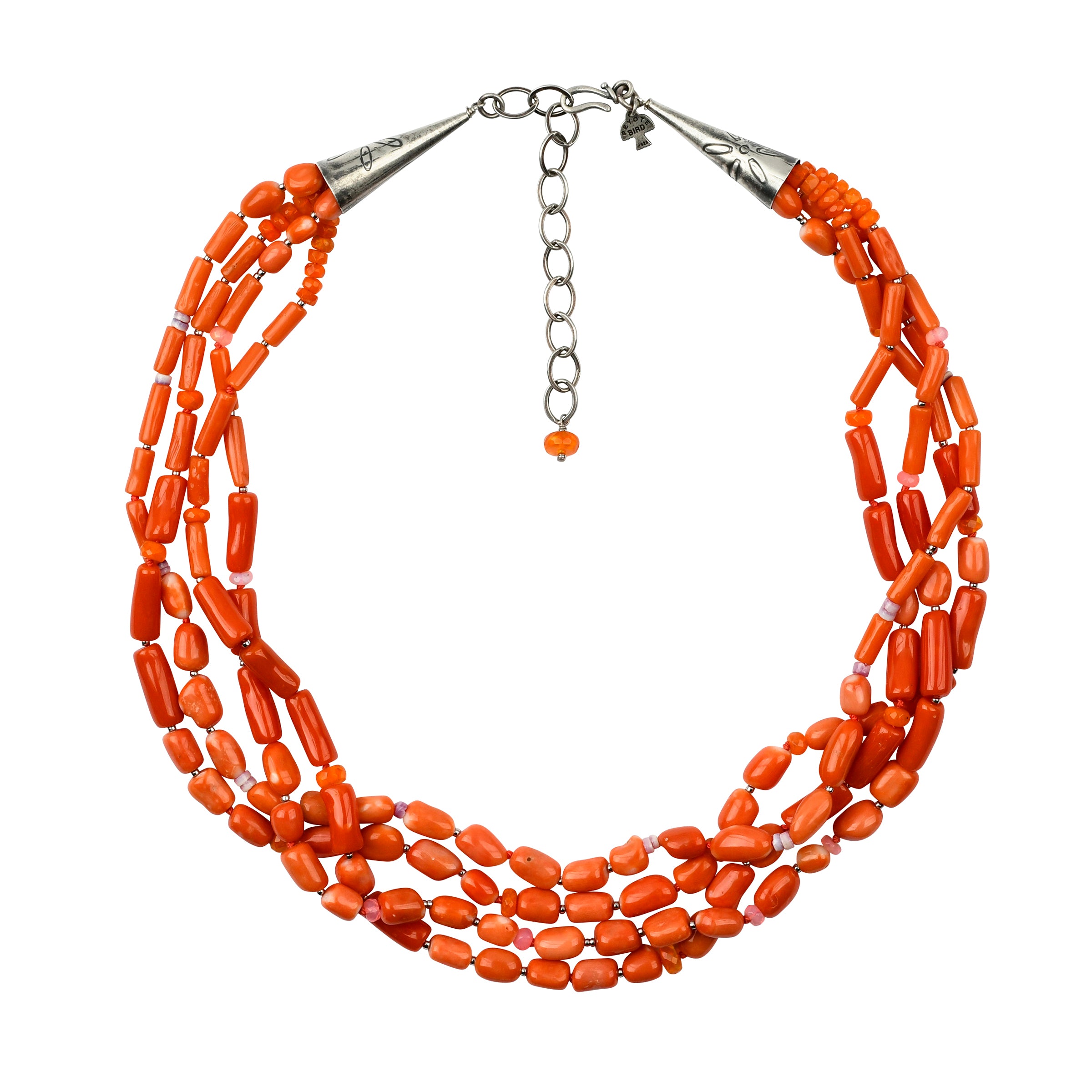 Peyote Bird 4 strand hand-beaded coral and turquoise necklace on sterling silver