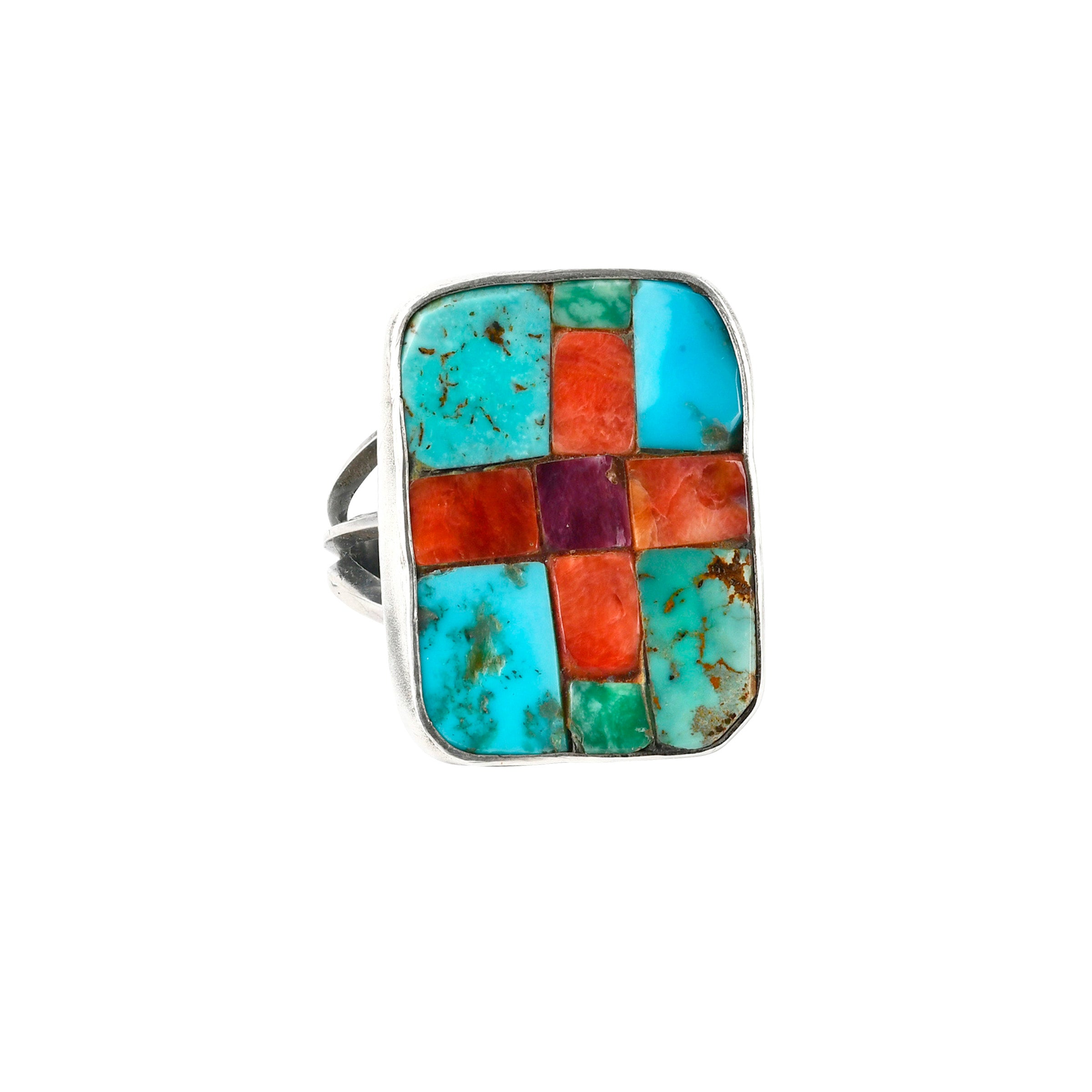 Charlie Favour handmade blue turquoise and spiny oyster inlay ring on sterling silver