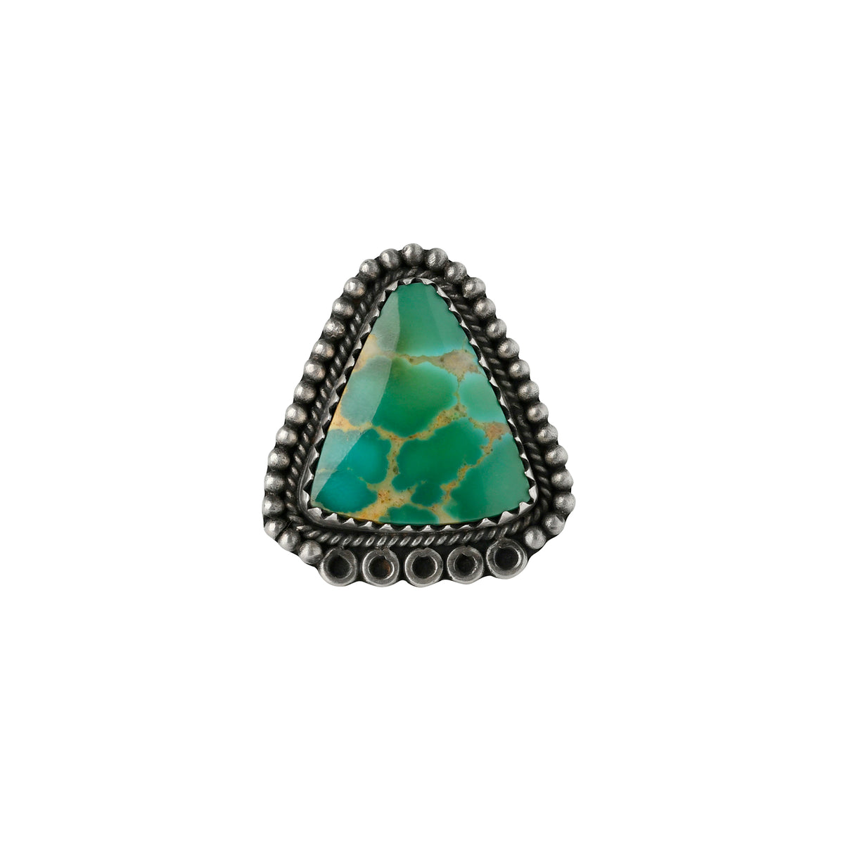 Sterling silver ring with a green Royston Turquoise triangular stone. Sterling silver bead ball, rope, and sawtooth bezels.