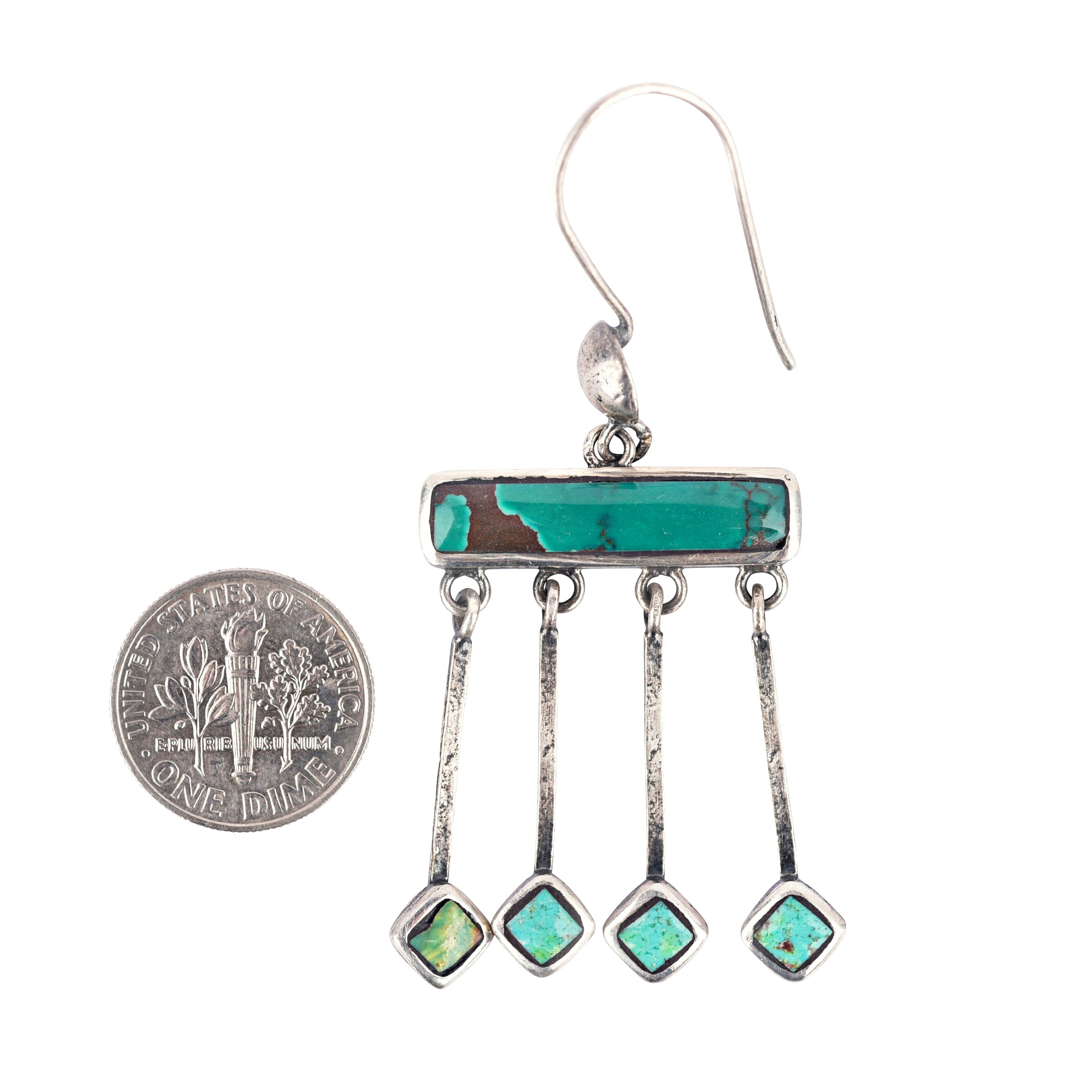Genuine Blue and Green Turquoise and Sterling Silver make up these unique and stunning dangle drop earrings. A gemstone bar with 4 post dangles finished with diamond shape turquoise on the bottoms.