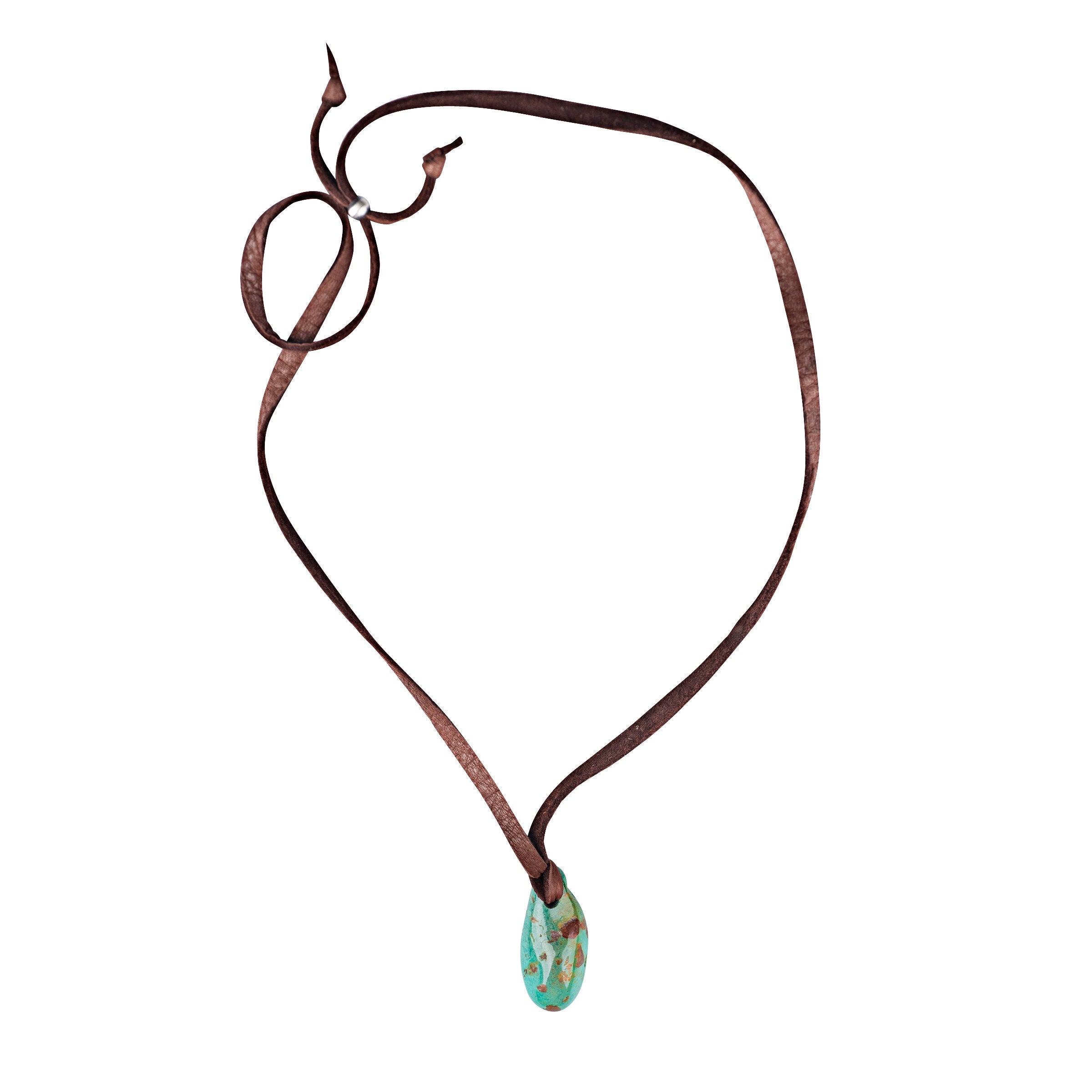 Turquoise stone necklace on deerskin leather.