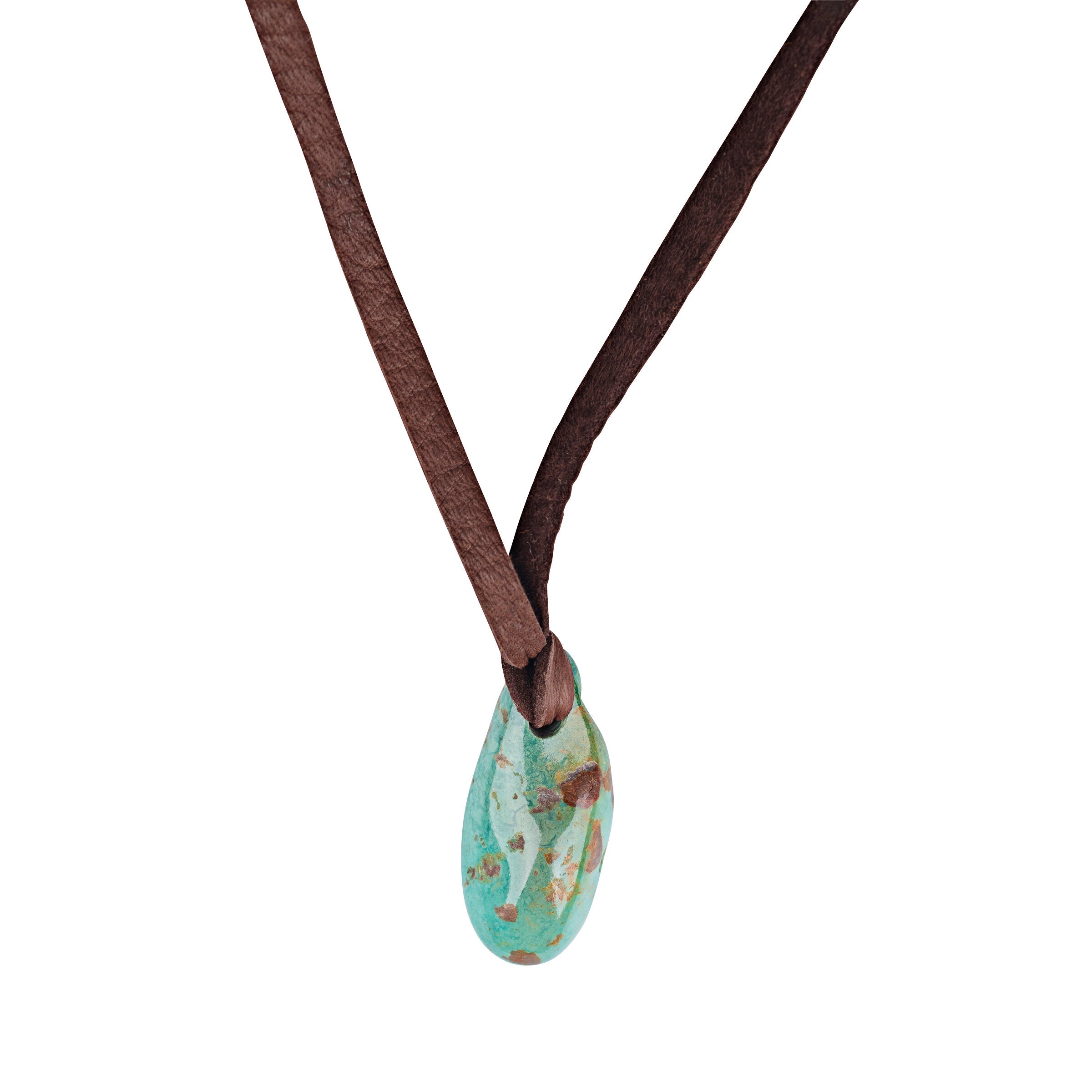 Turquoise stone necklace on deerskin leather.