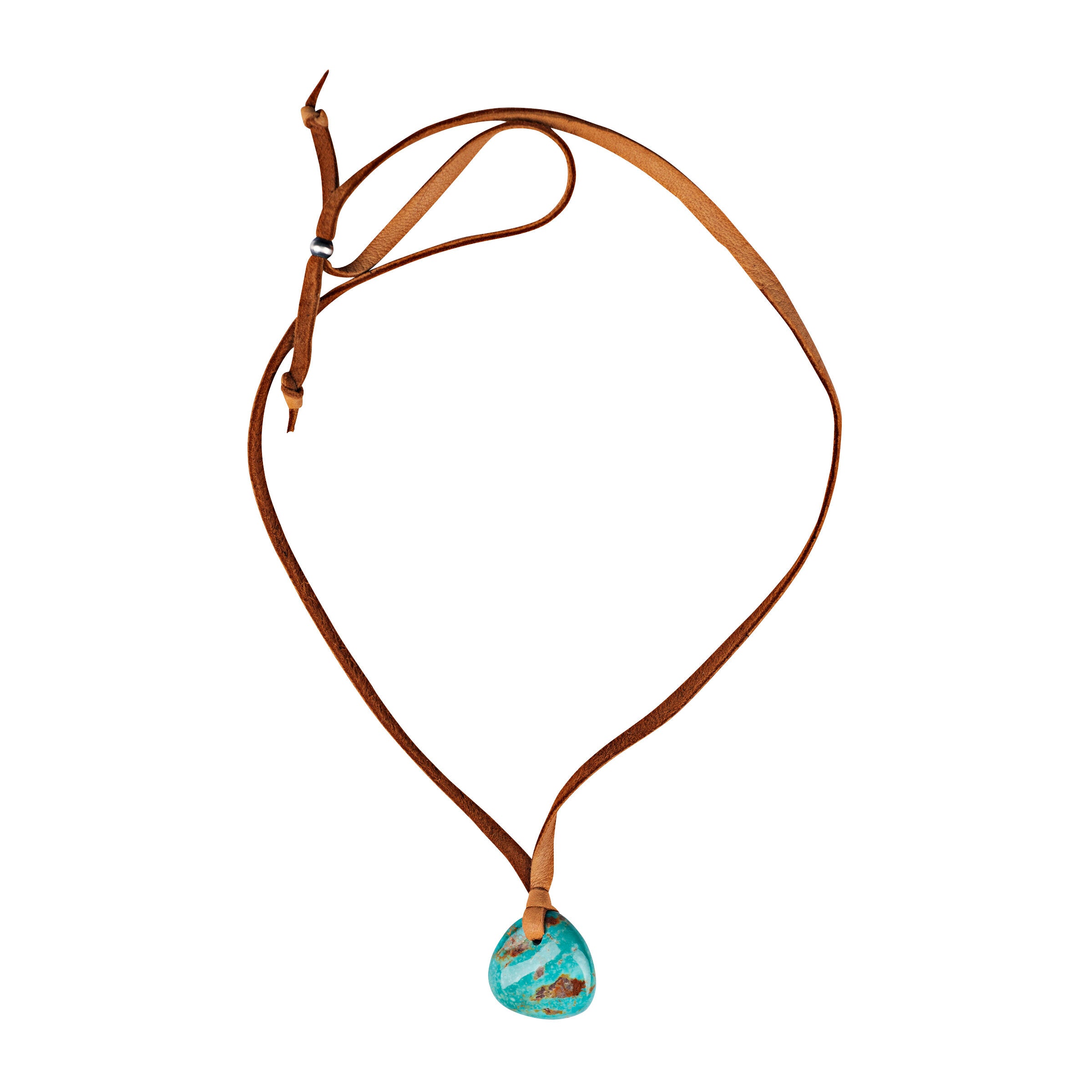 Turquoise stone necklace on deerskin leather.