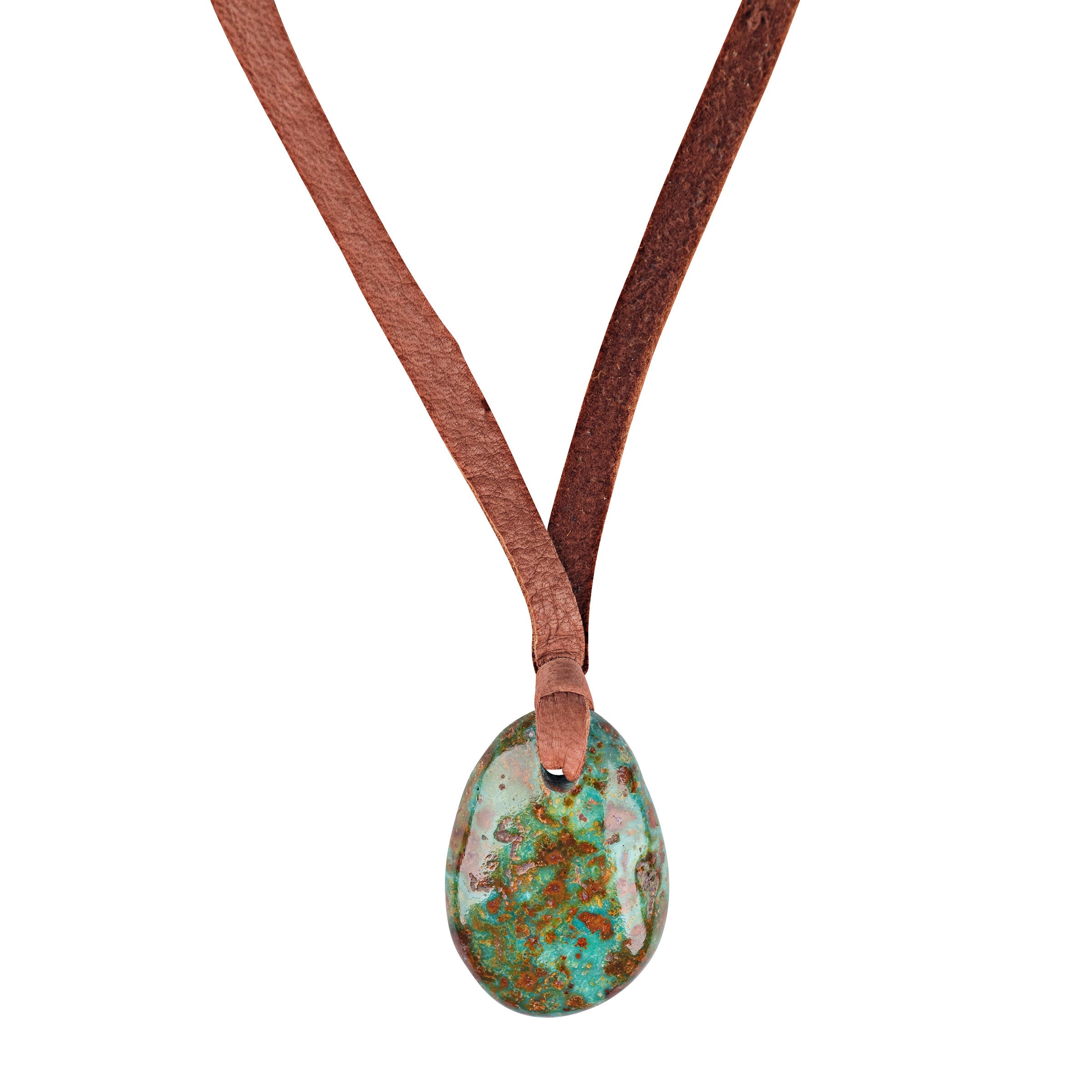 Turquoise stone necklace on deerskin leather.