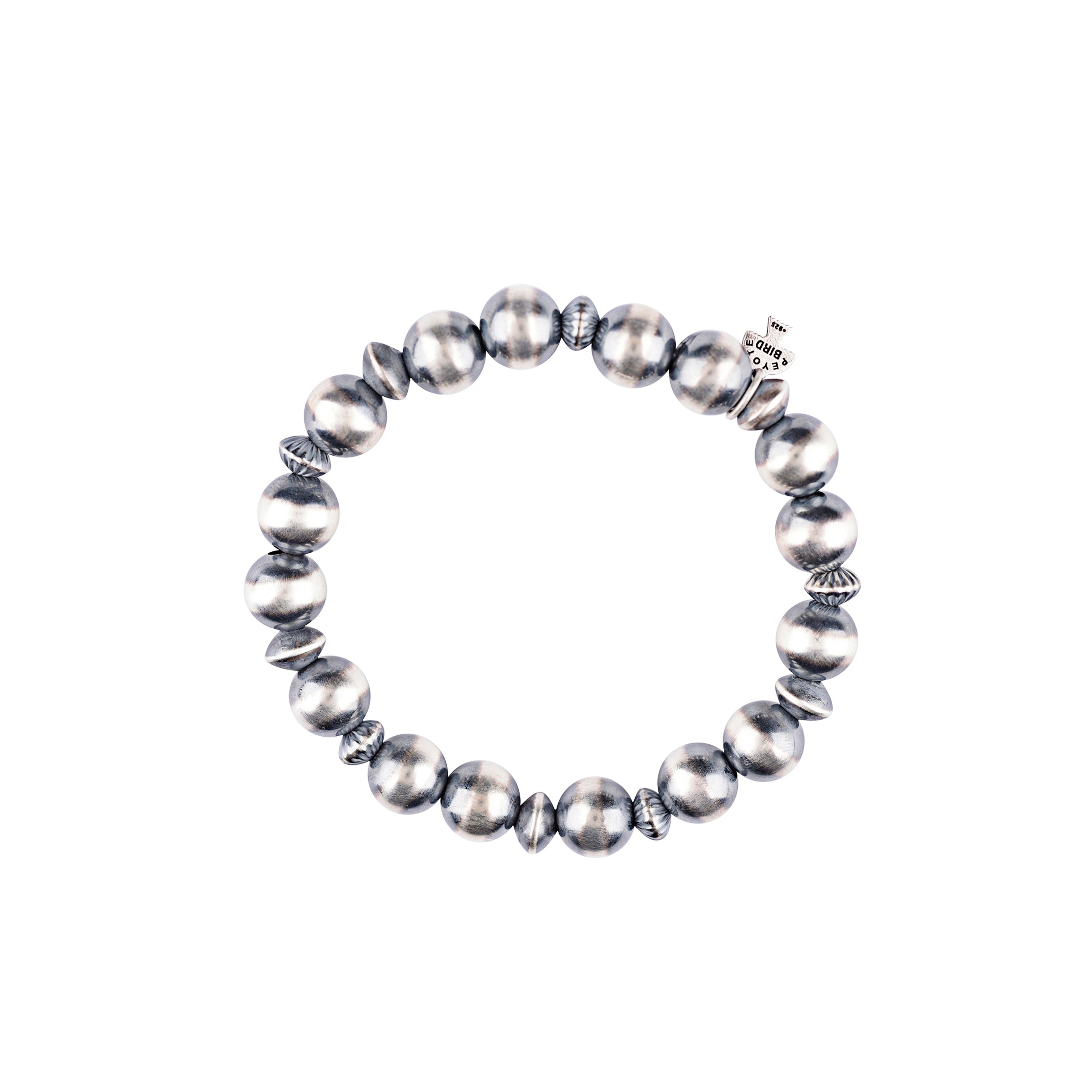 Sterling silver beaded stretch bracelet in a variety of different bead sizes, styles, and combinations.
