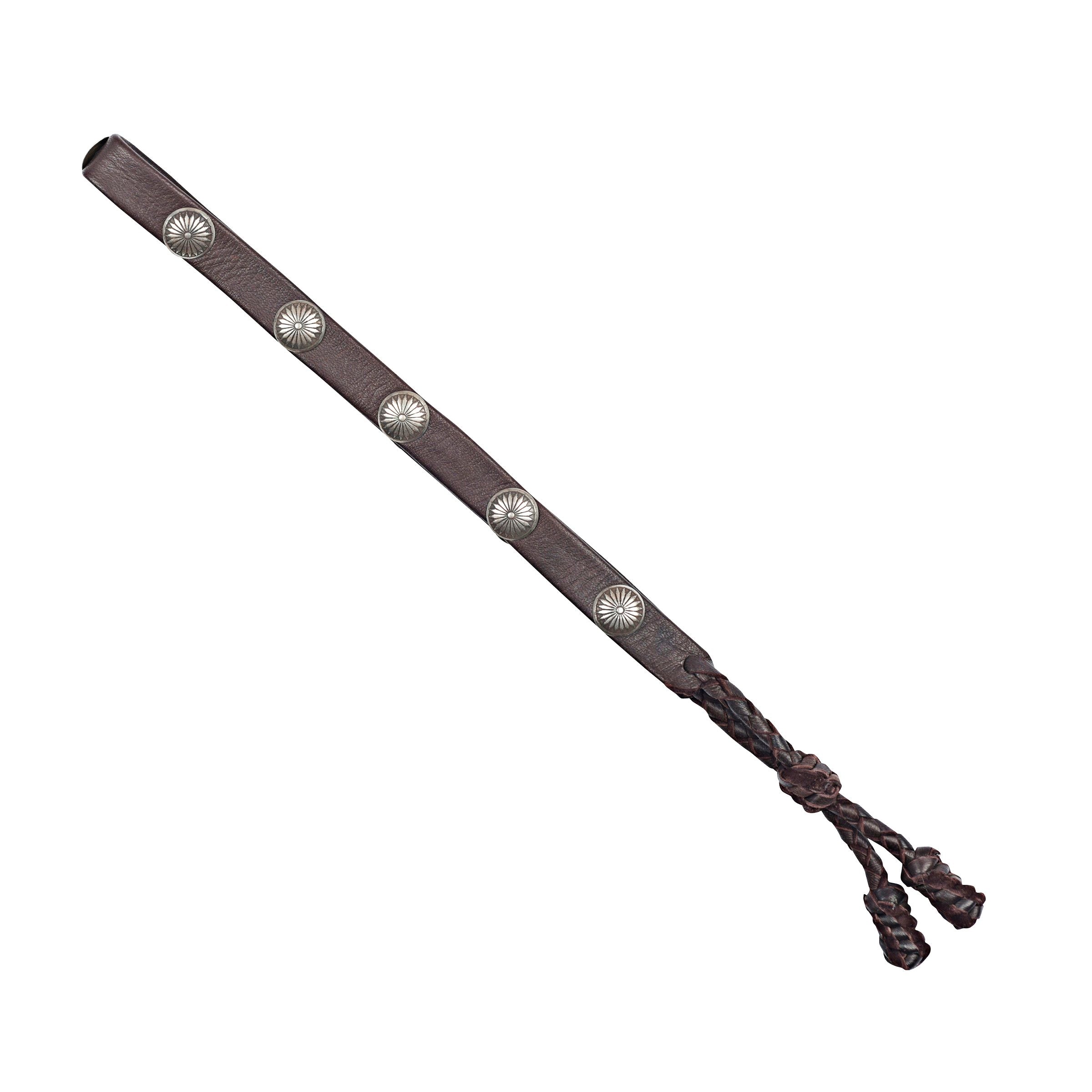 Double-layered deerskin leather hatband with silver sun conchos. Handcrafted in the USA.