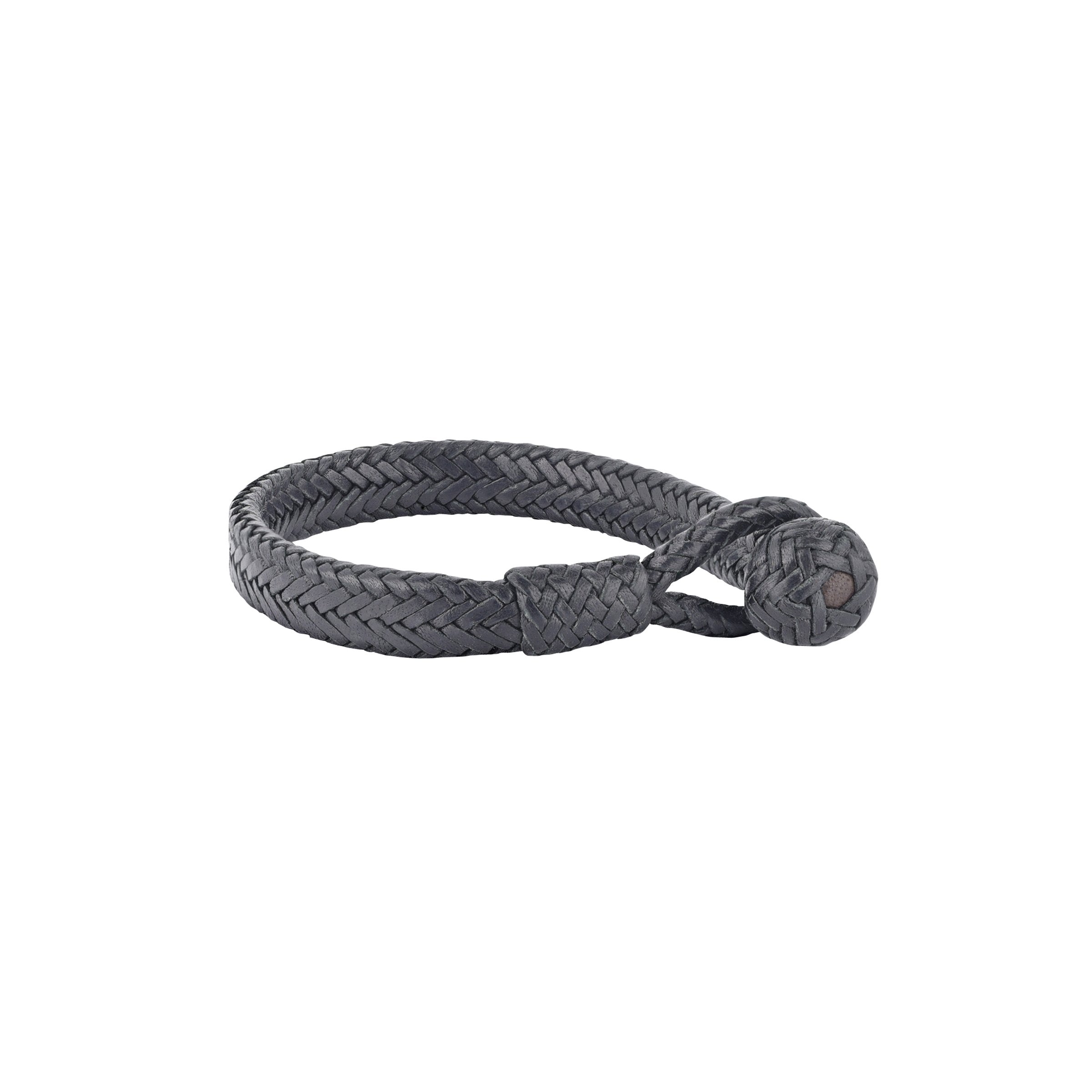 A large braided black leather bracelet and a looped fastener at the end.