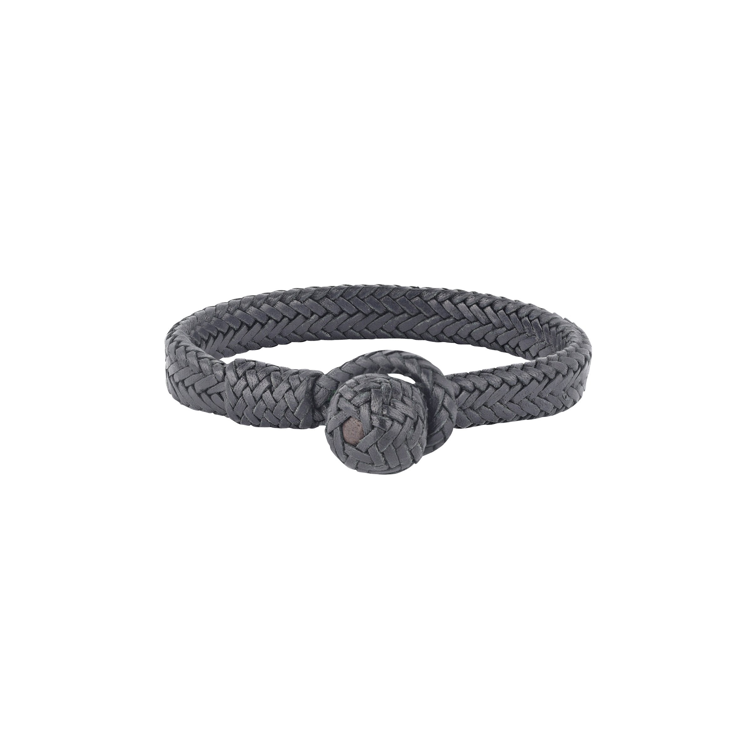 A large braided black leather bracelet and a looped fastener at the end.