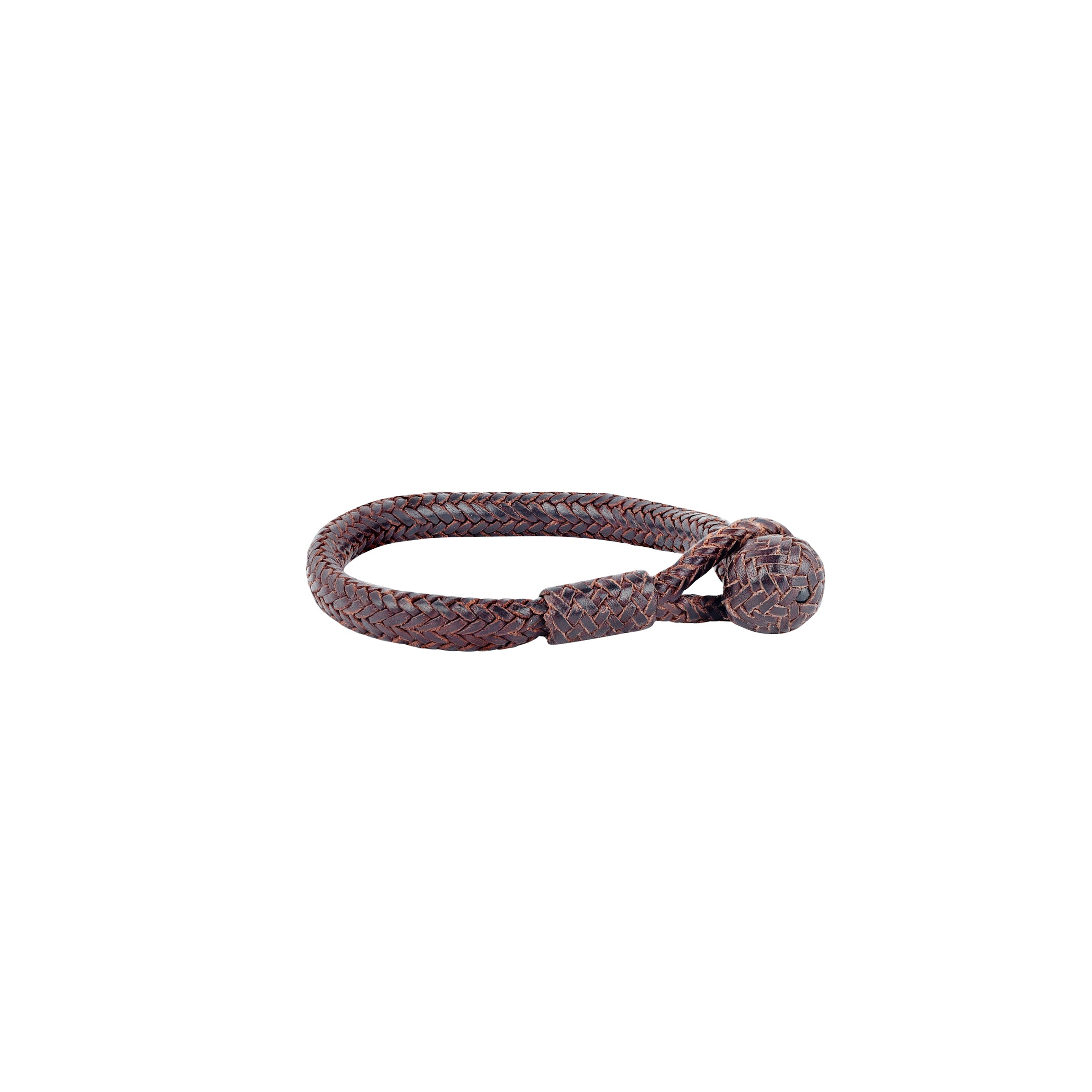 A large braided leather bracelet with a dark brown color and a looped fastener at the end.