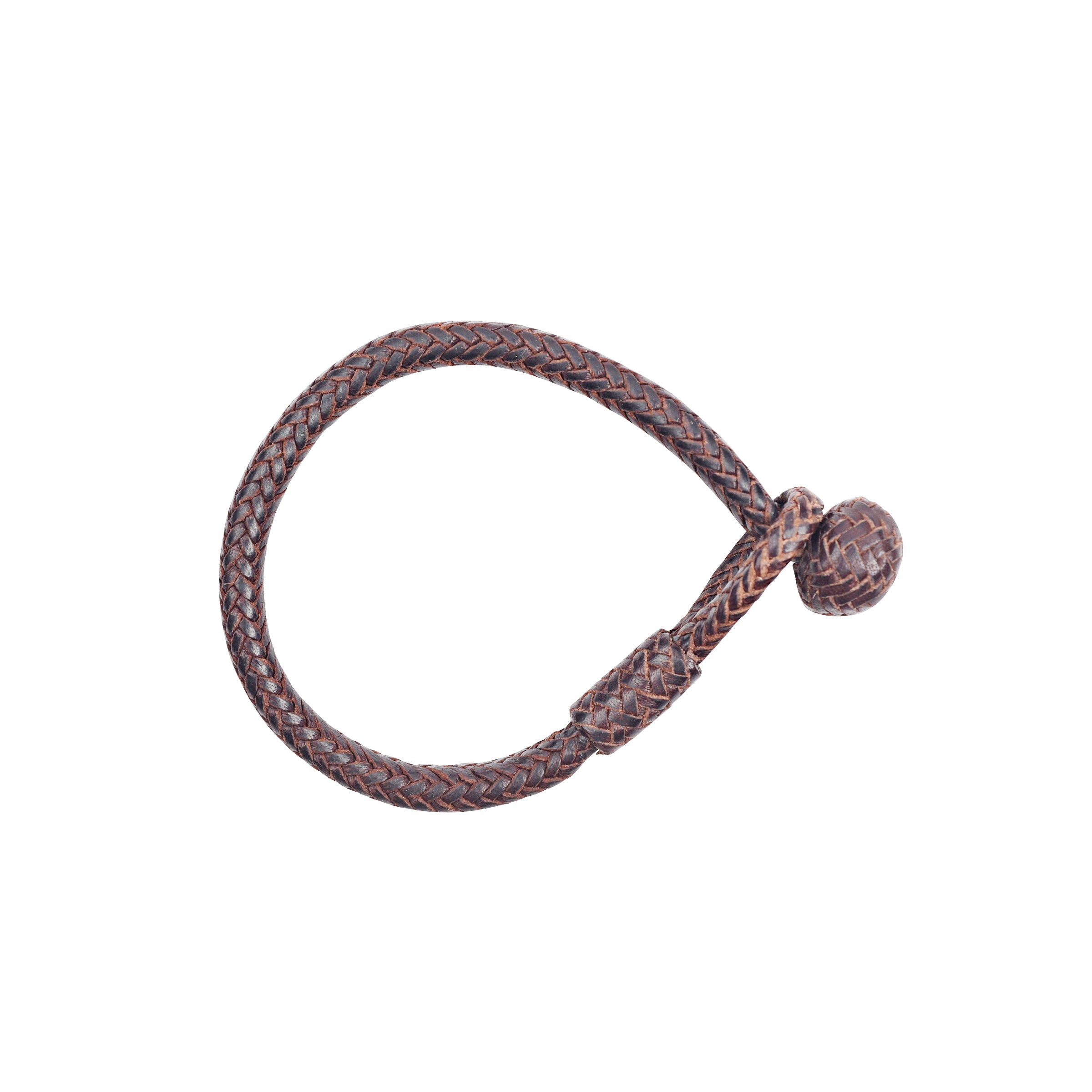 A large braided leather bracelet with a dark brown color and a looped fastener at the end.
