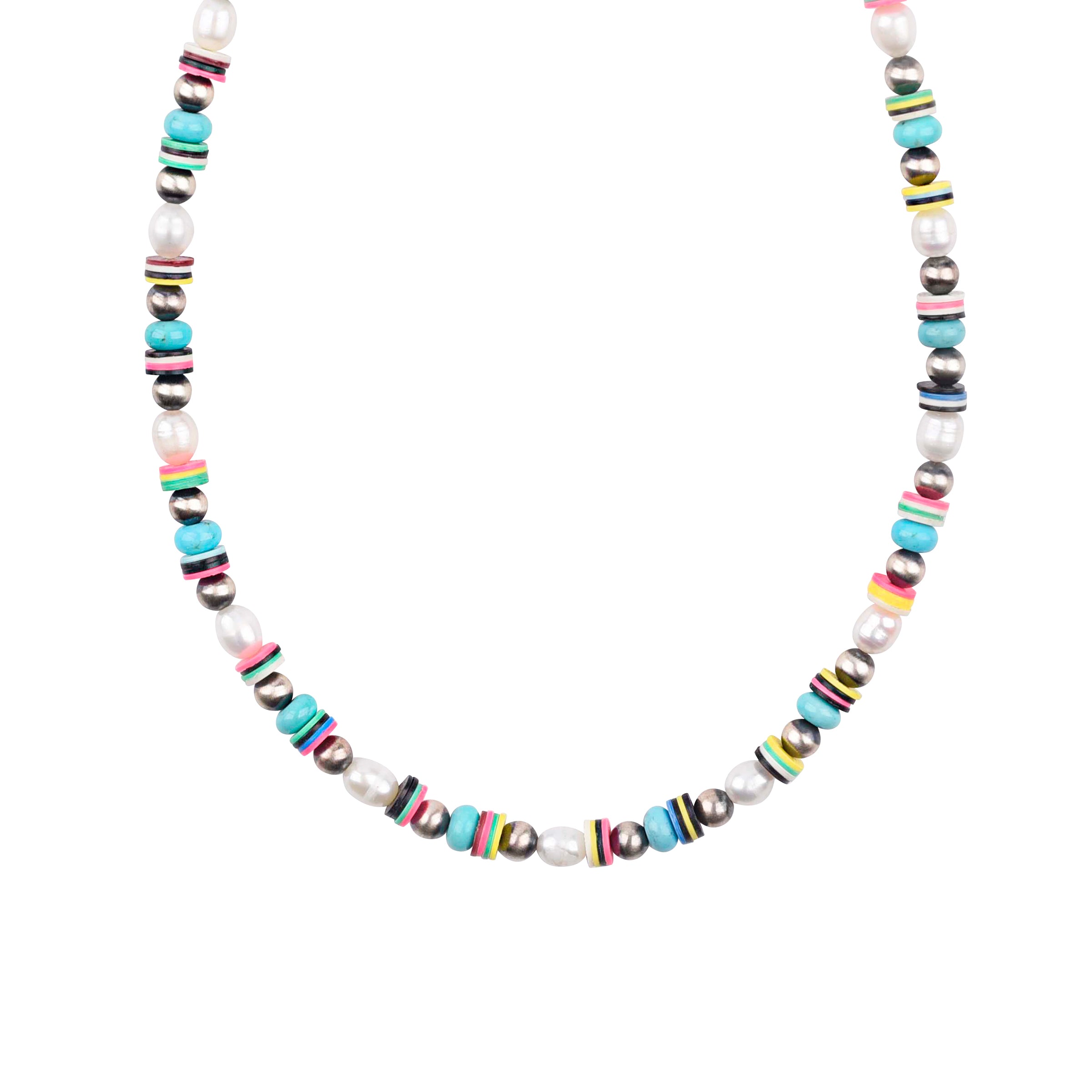 Peyote Bird Original necklace with sterling silver, blue turquoise, vinyl, and pearl. Made in USA.