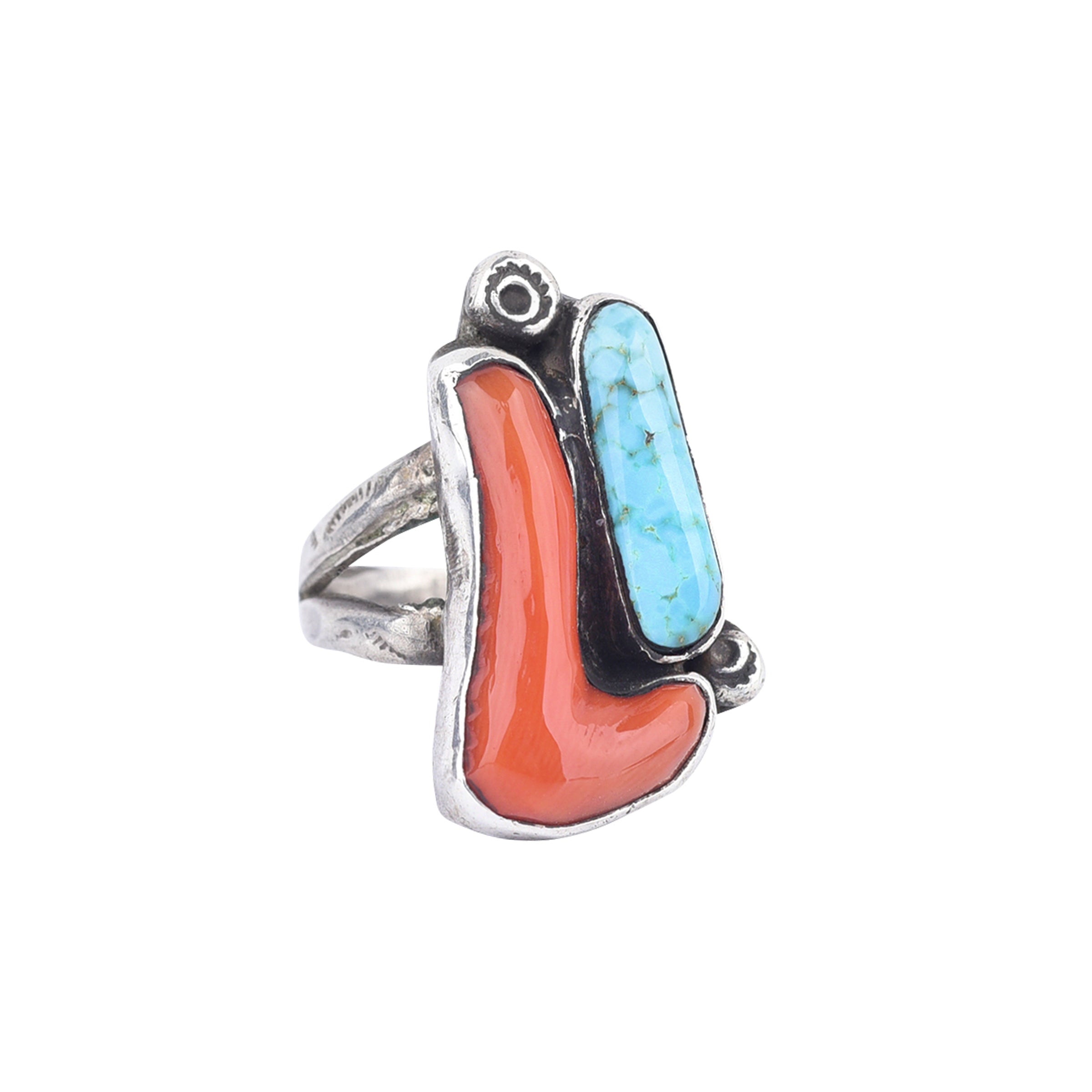 Vintage Coral And Turquoise Mix Ring - Size 6 3/4