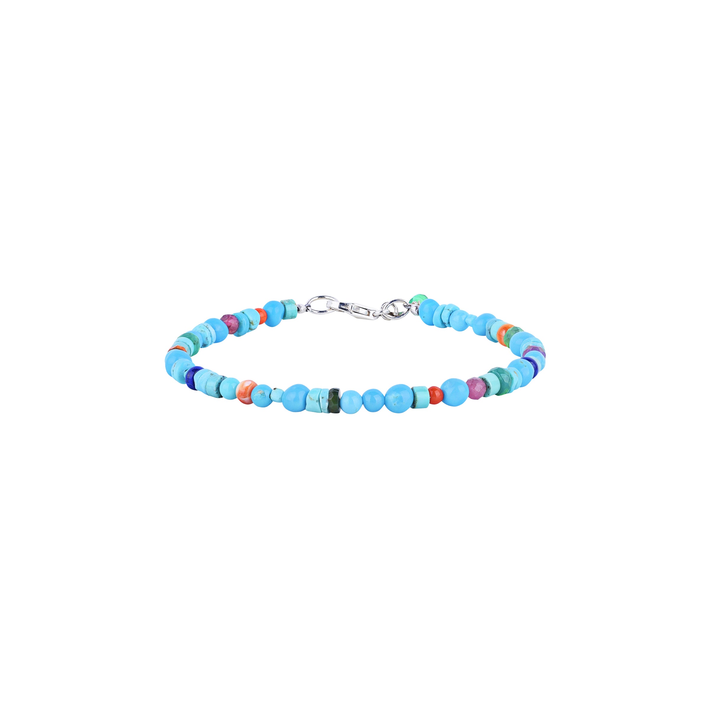 A colorful beaded bracelet with a variety of turquoise and other colorful beads, featuring a sterling silver clasp.