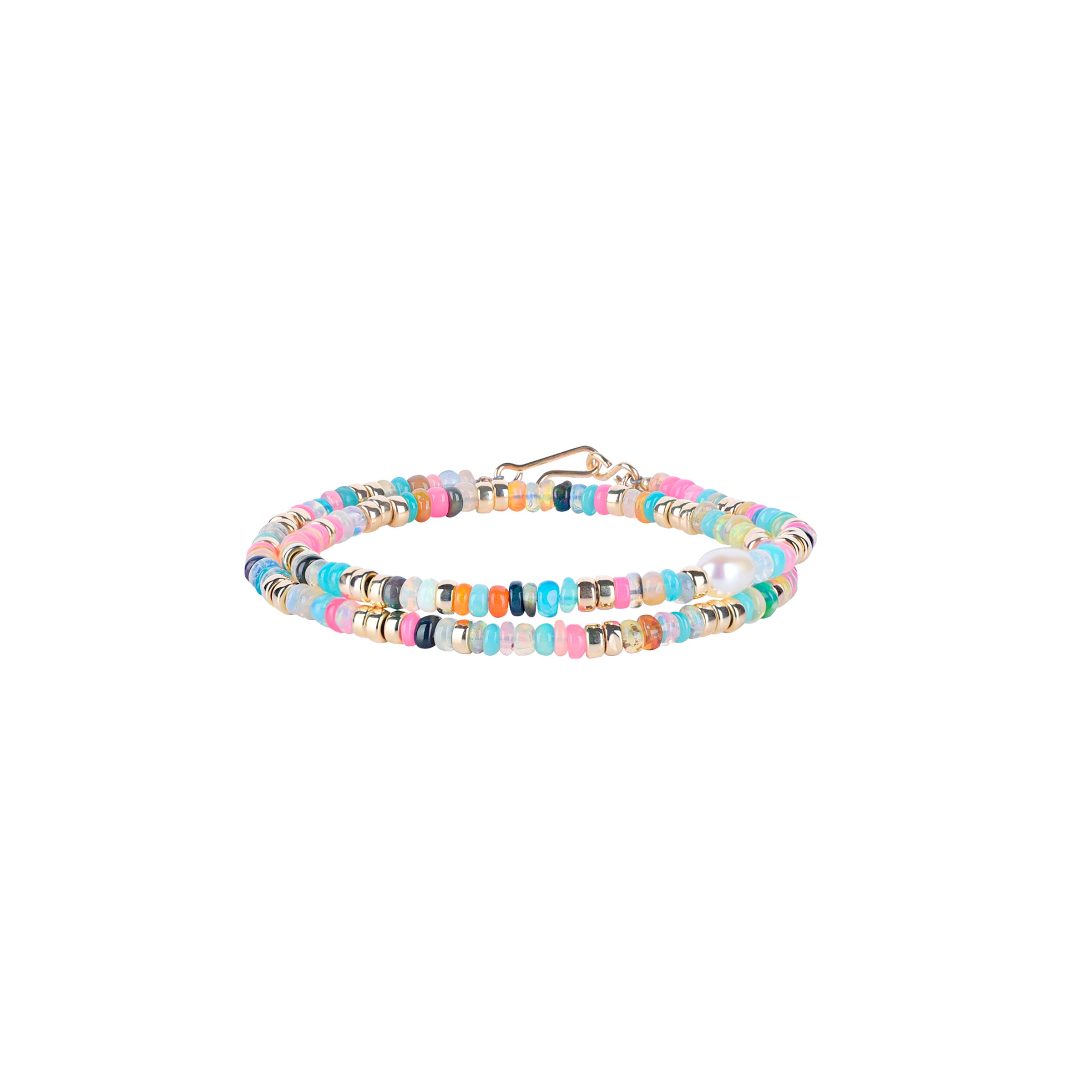 A kaleidoscope of multicolored Opals support a Freshwater Pearl in this double wrap bracelet. Gold Fill accents tie together and complete the array of color.