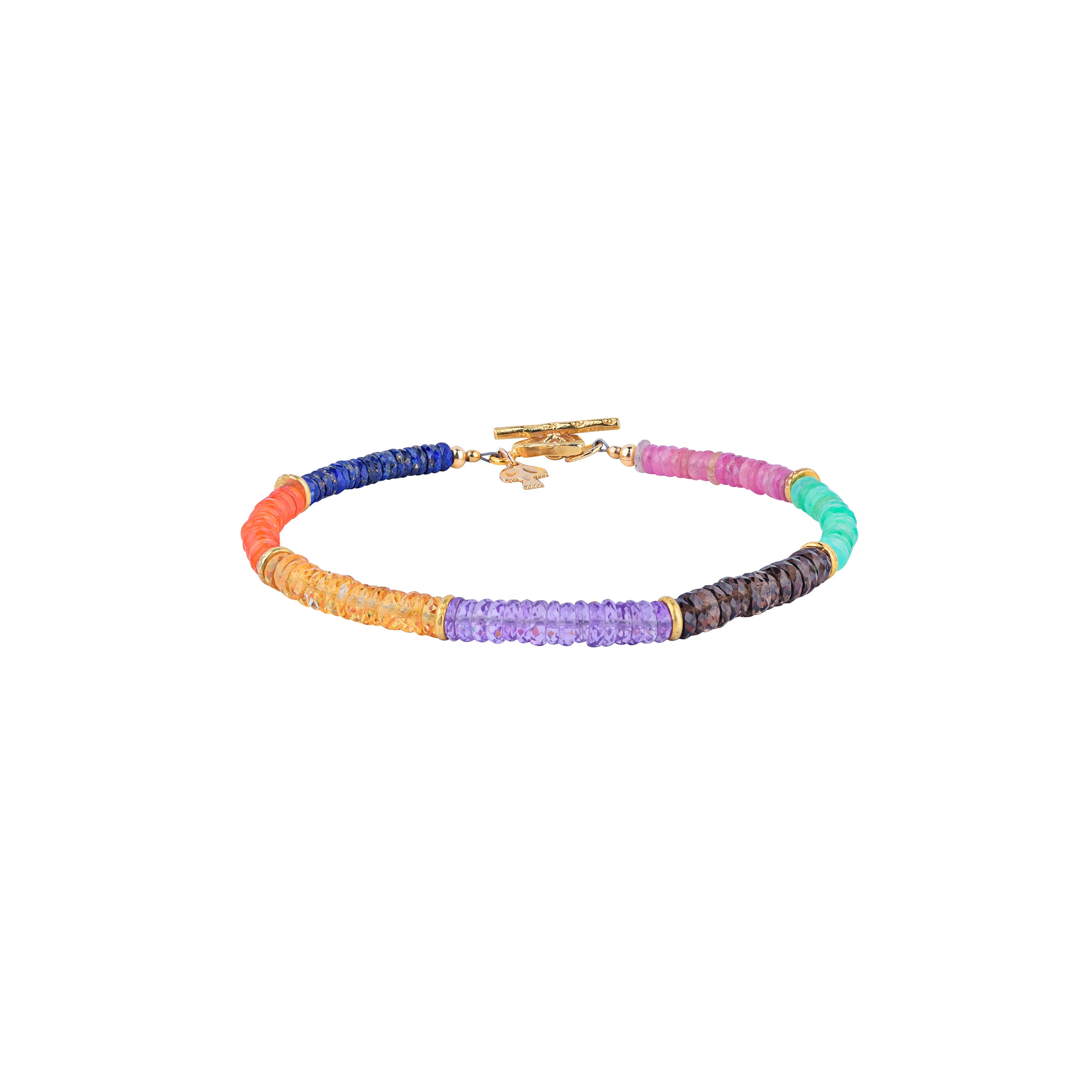 A multicolored beaded bracelet with gold plate accents and a bar clasp.