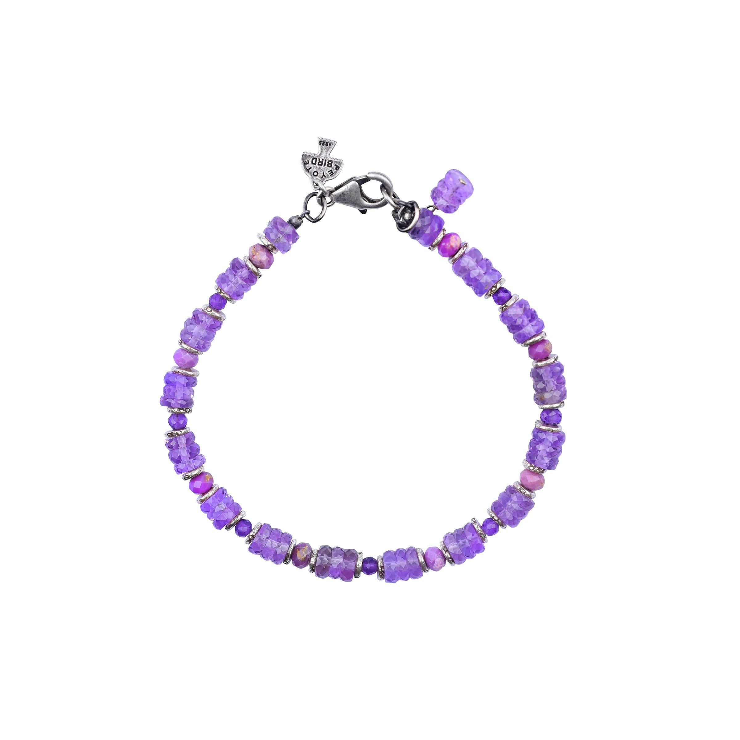 A Peyote Bird original beaded bracelet featuring sterling silver and amethyst beads.