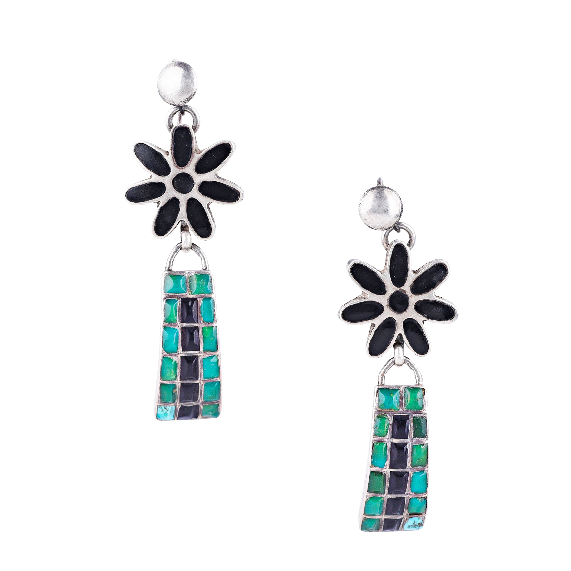 Vintage Zuni dangle earrings featuring sterling silver, blue & green turquoise, and onyx. Made in USA.