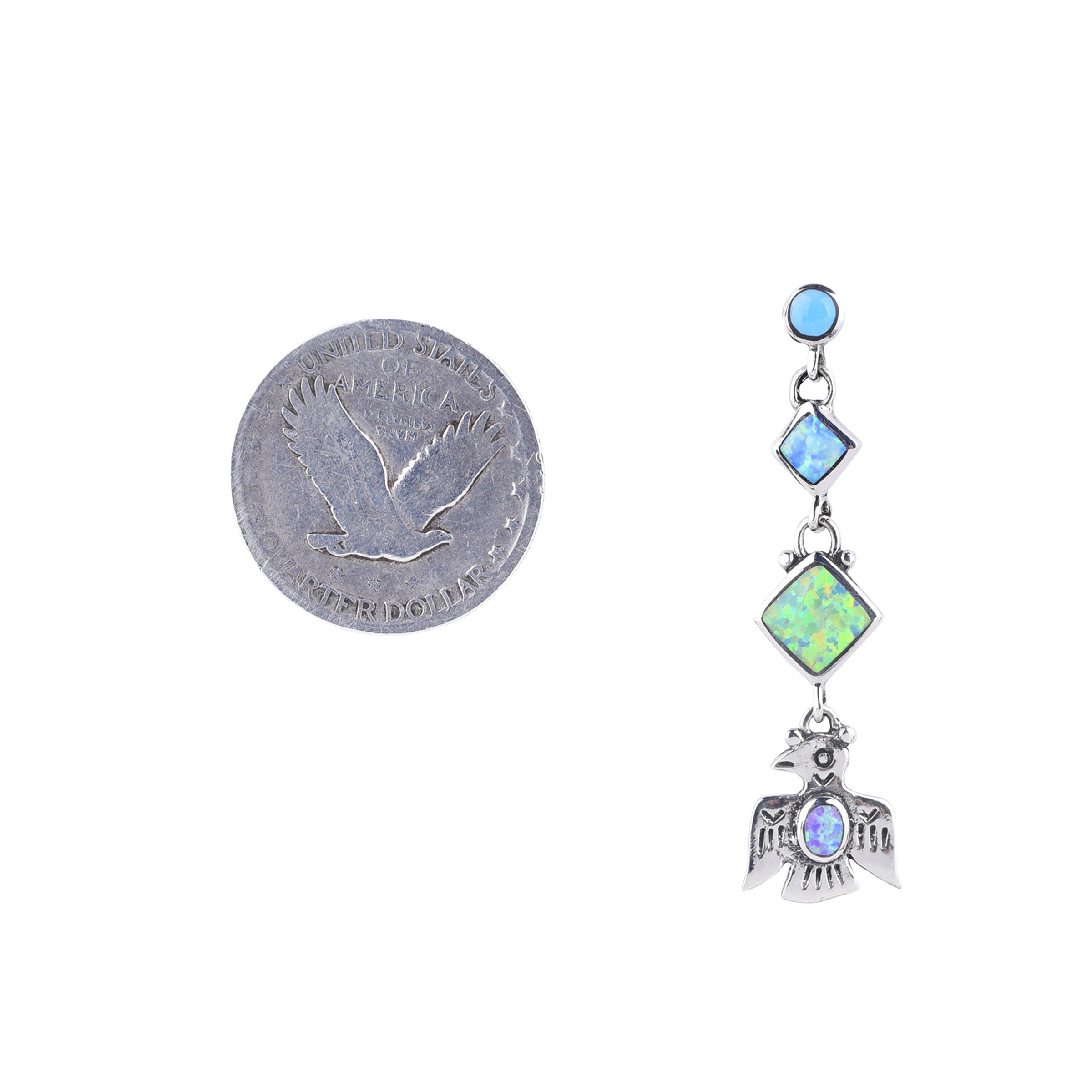 Sterling silver dangle post earrings with blue turquoise, blue opal, green opal, and pink opal stones. Finished with a small silver thunderbird.
