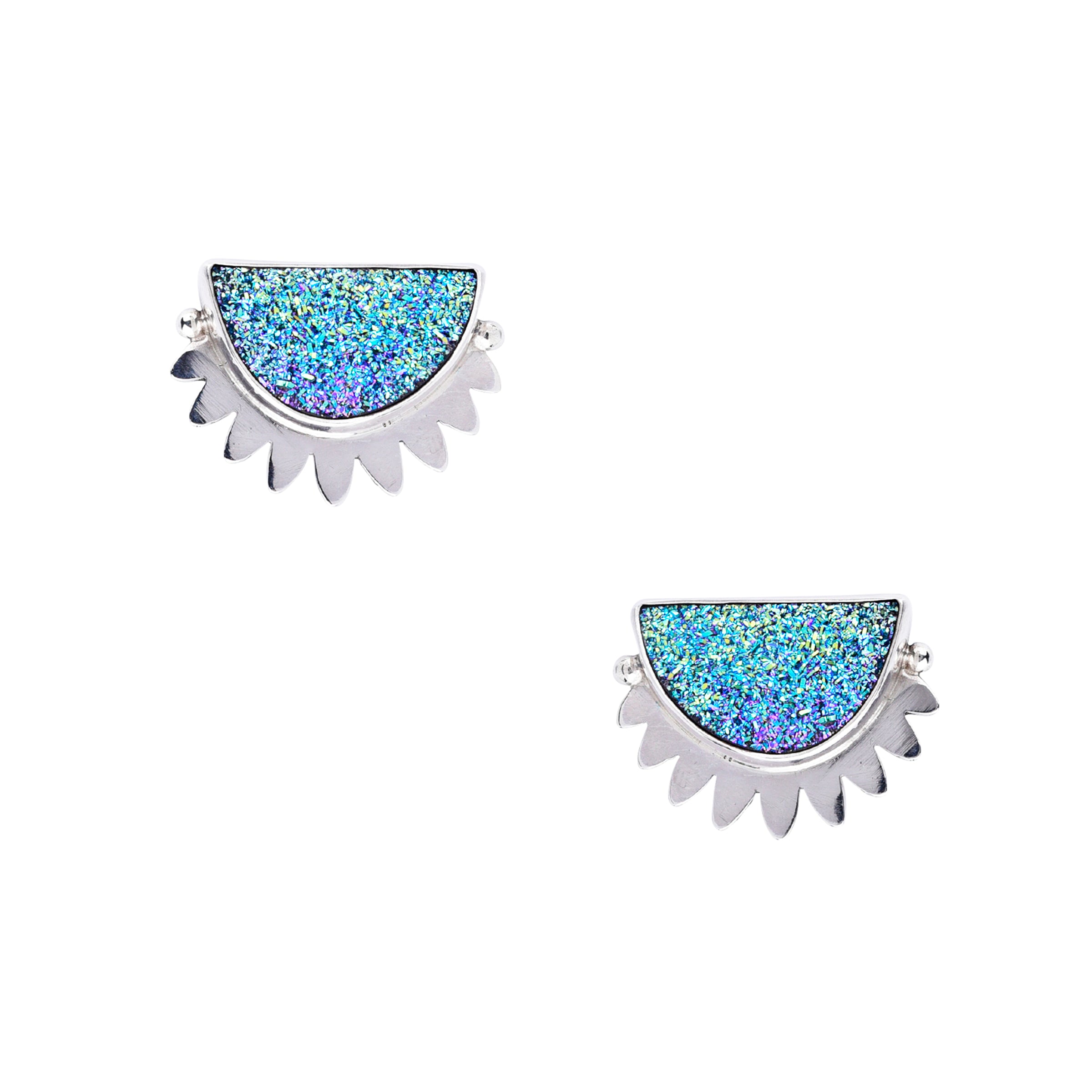 A pair of blue druzy earrings with a sparkling design, set in sterling silver.