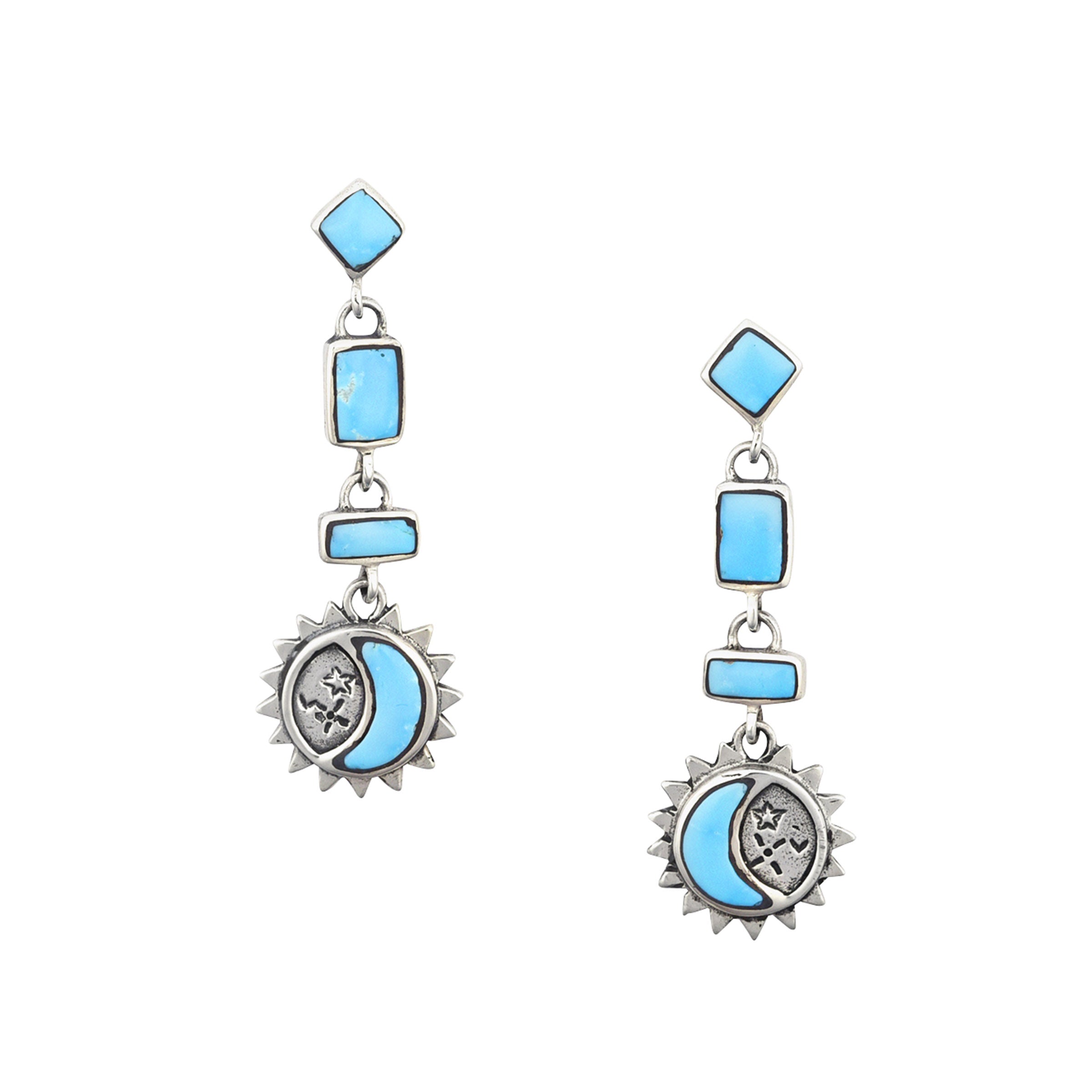 Sterling silver post and dangle earrings with blue turquoise stones.