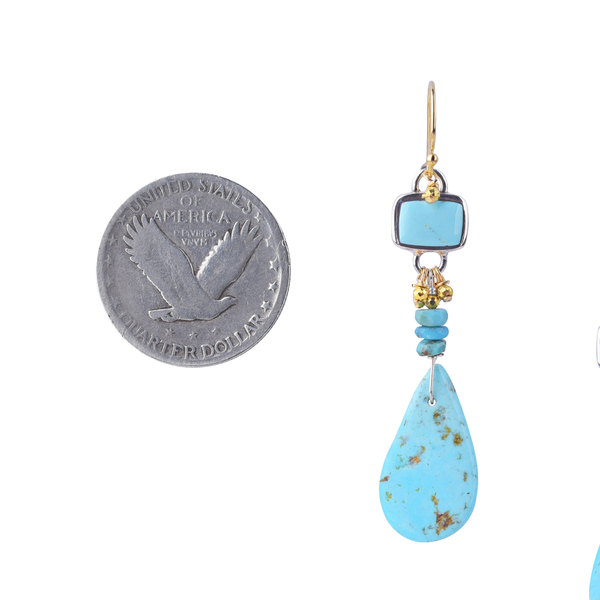 A pair of dangle earrings that feature sterling silver, 14K gold plate, and blue turquoise.