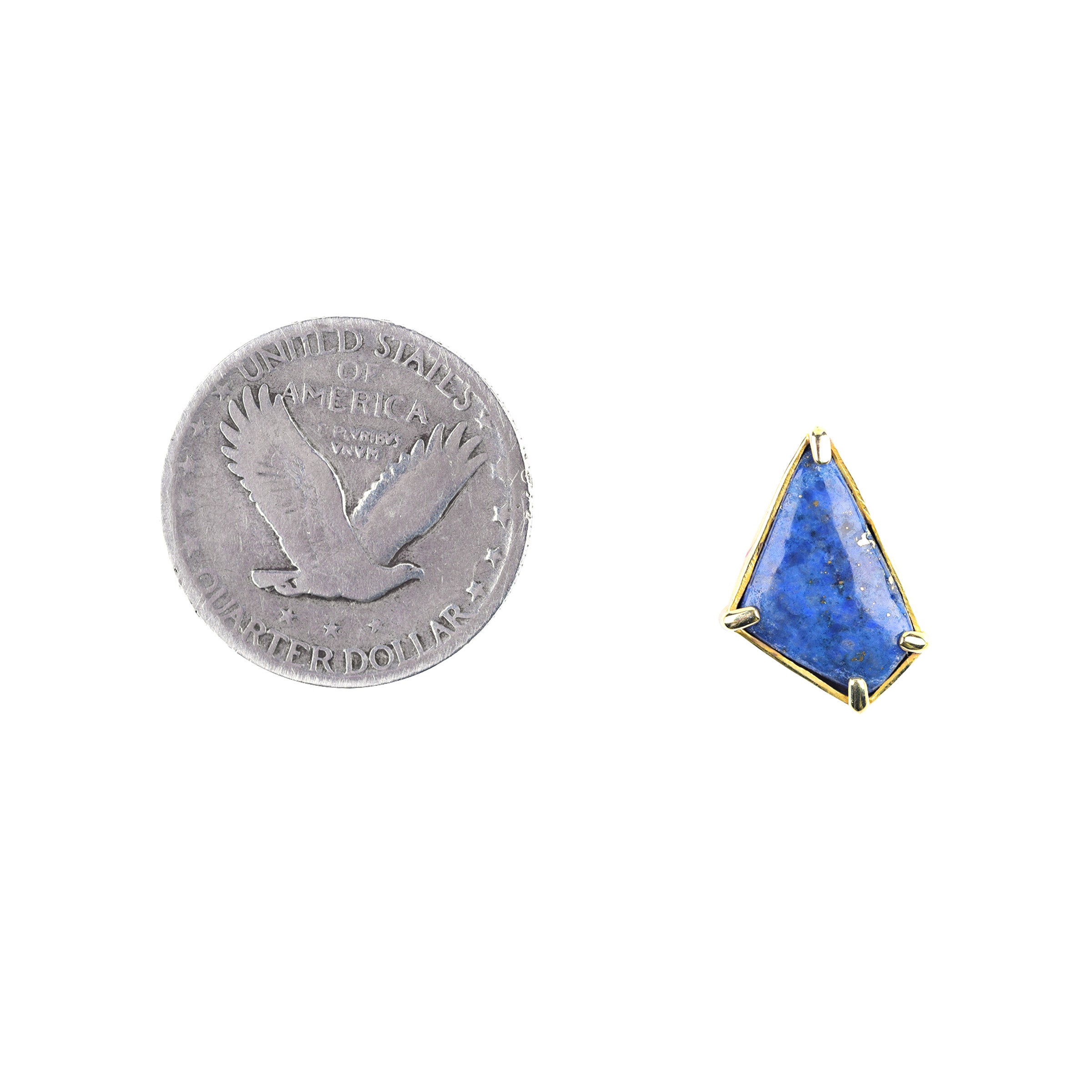 A pair of 14K gold fill earrings with lapis stones cut in a geometric triangular design.