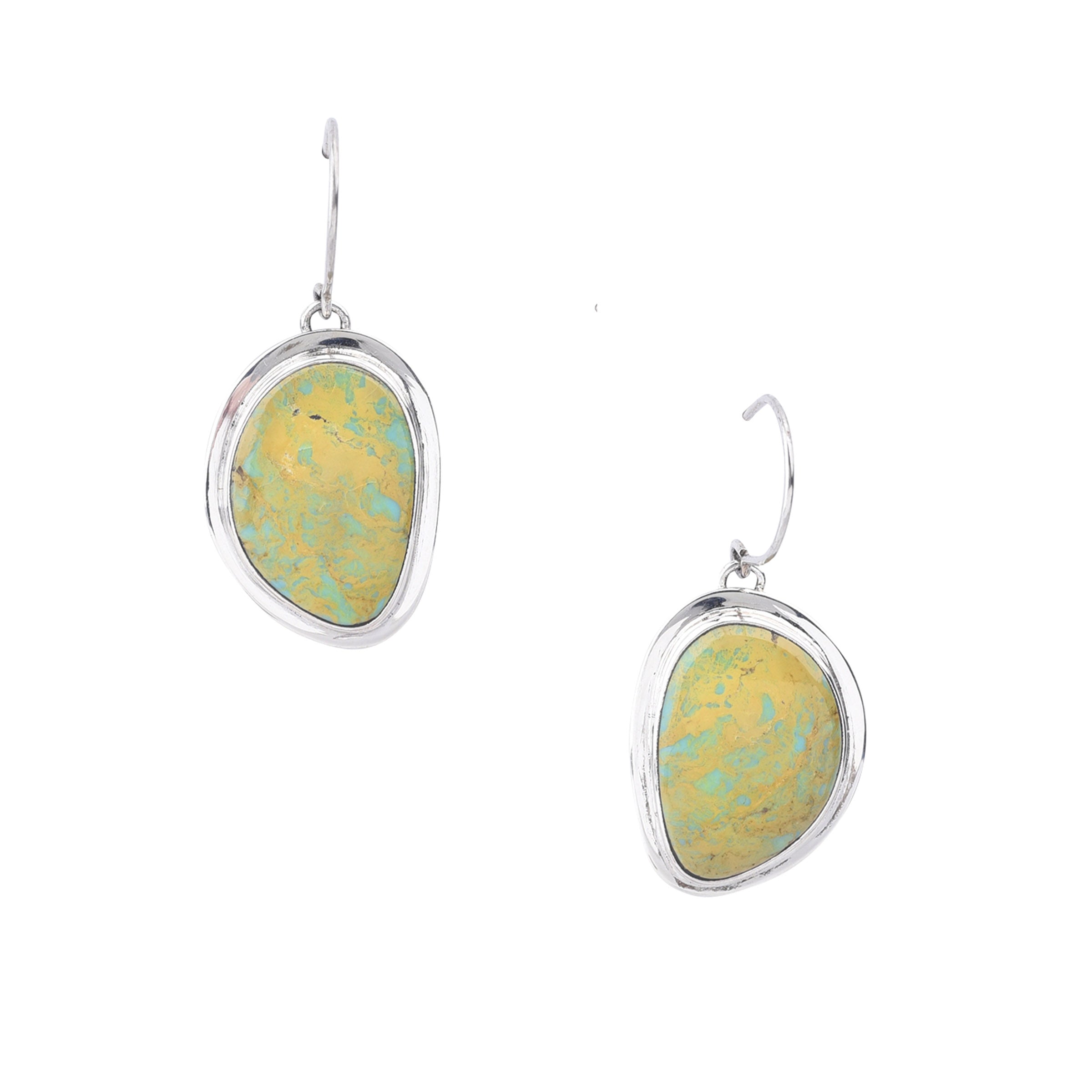 A pair of sterling silver earrings with a marbled green turquoise stones.