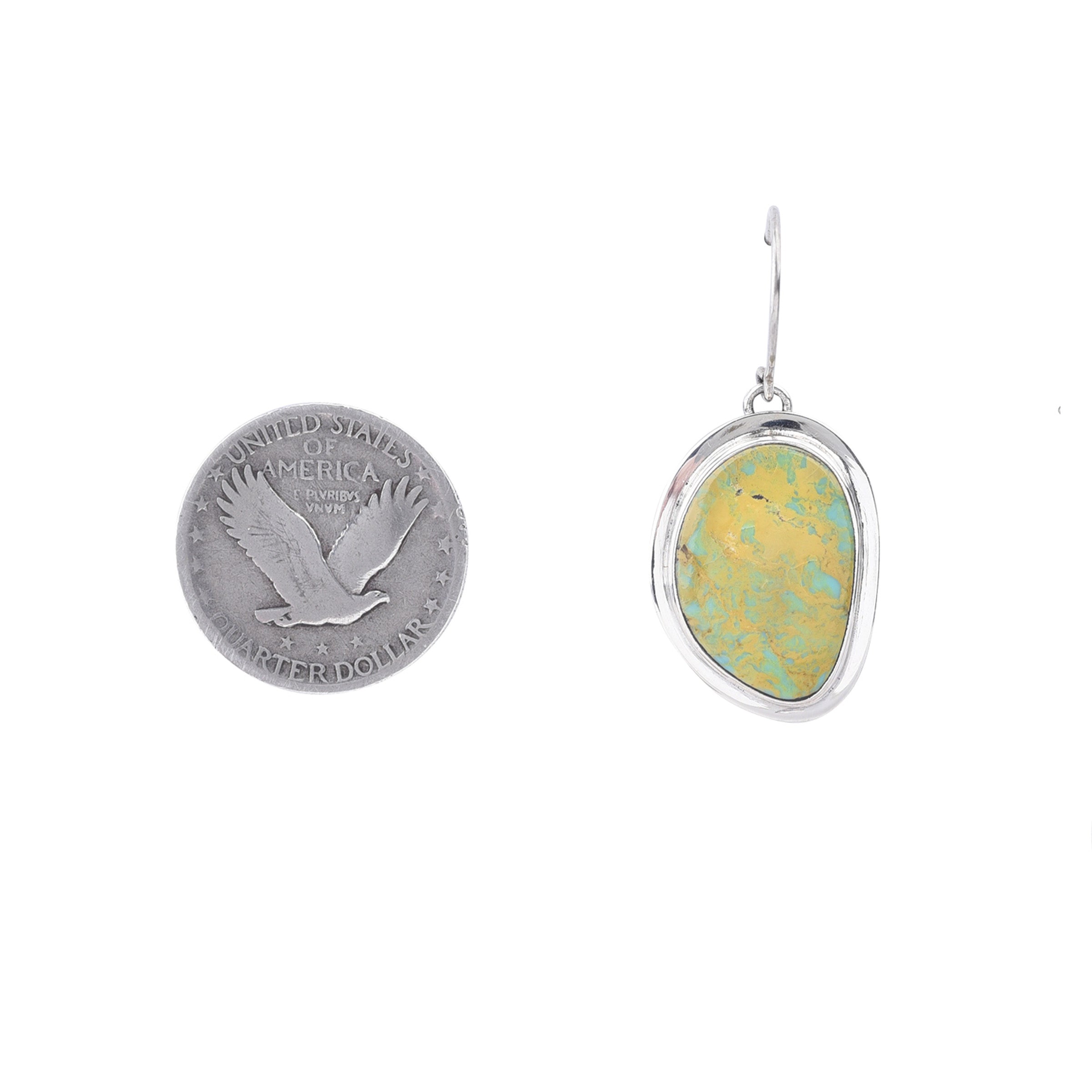 A pair of sterling silver earrings with a marbled green turquoise stones.