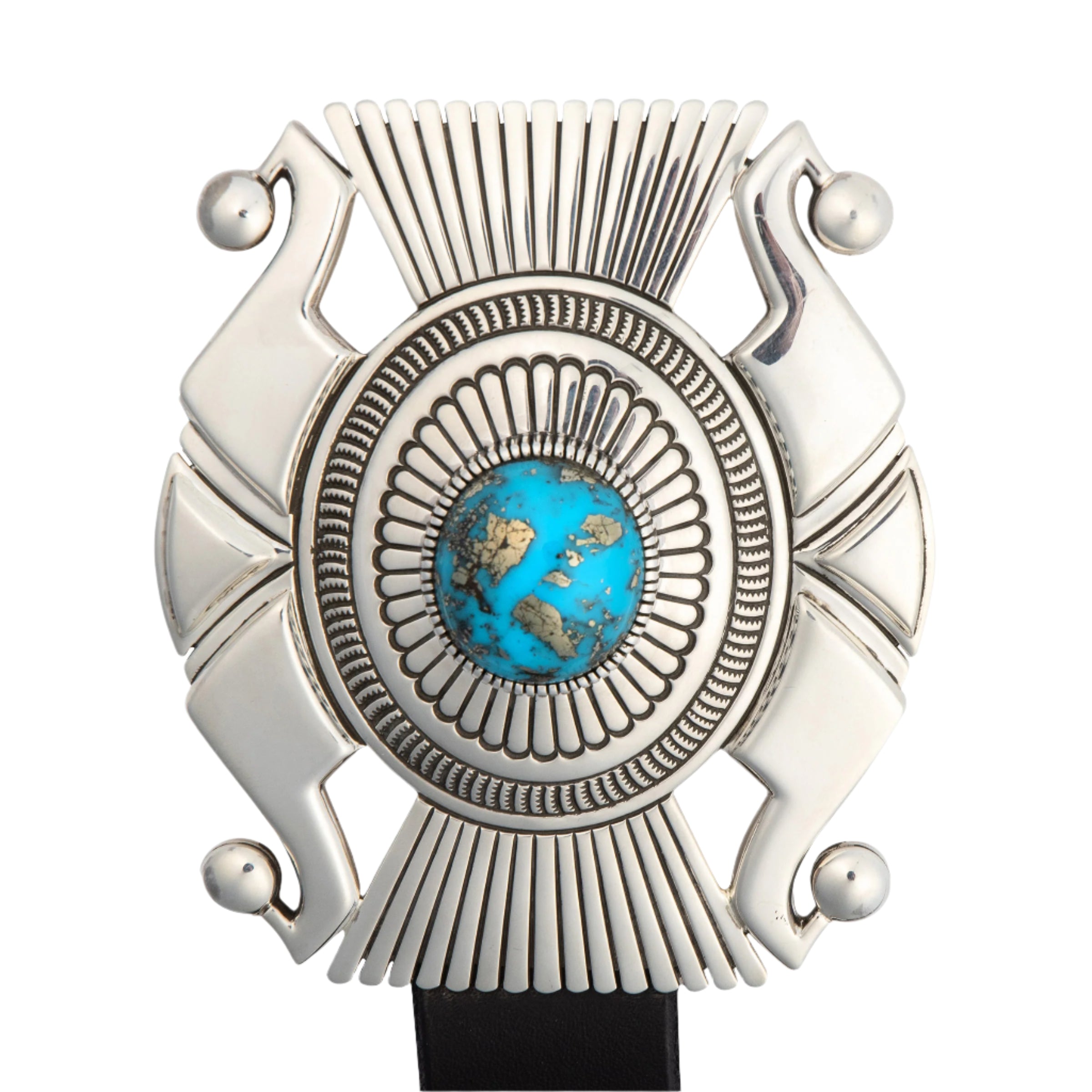 A Navajo concho belt from artist Jennifer Curtis with a blue Bisbee turquoise buckle, featuring a series of round conchos connected by a black leather strap.