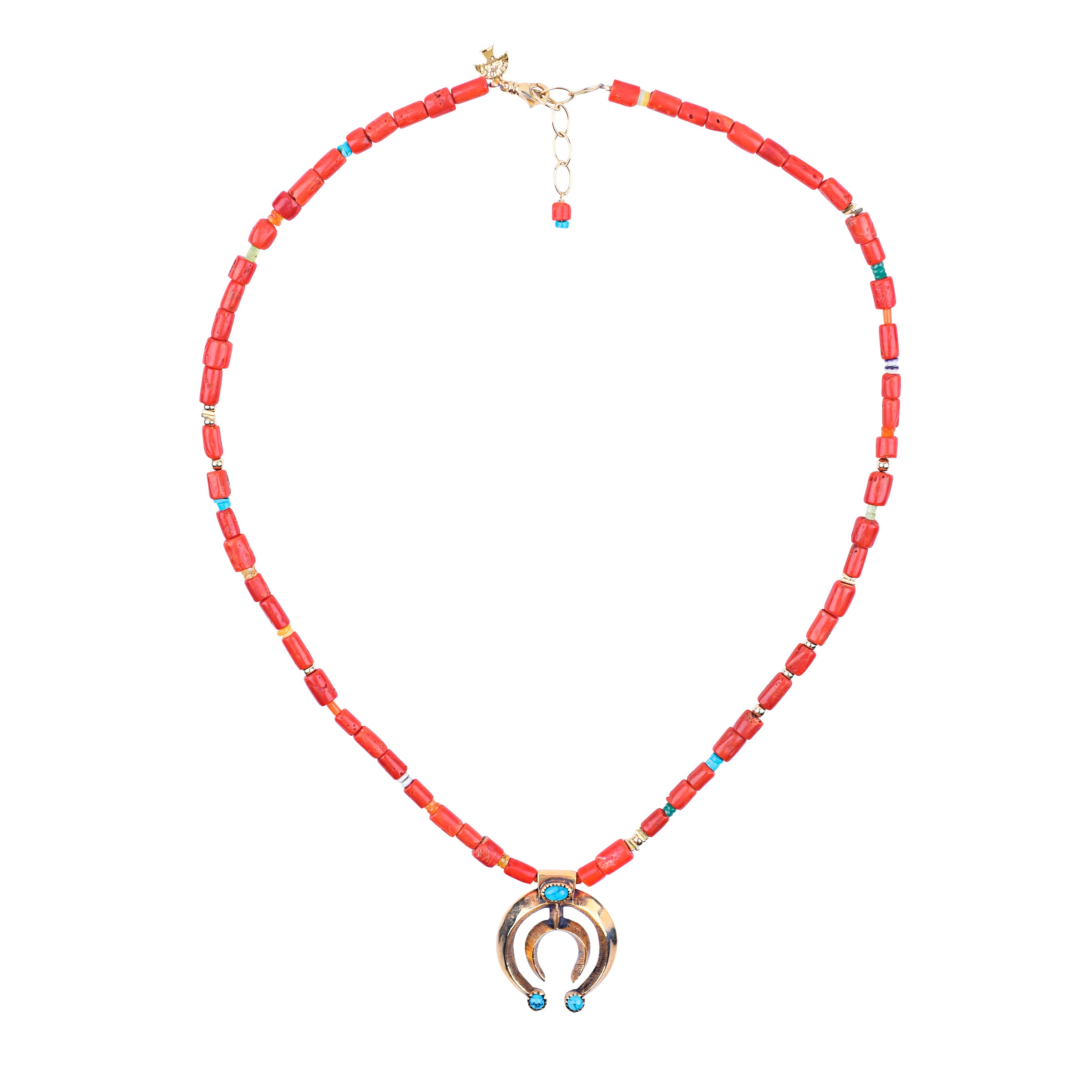 A 14K gold necklace with red coral and turquoise beads, featuring a gold naja pendant.