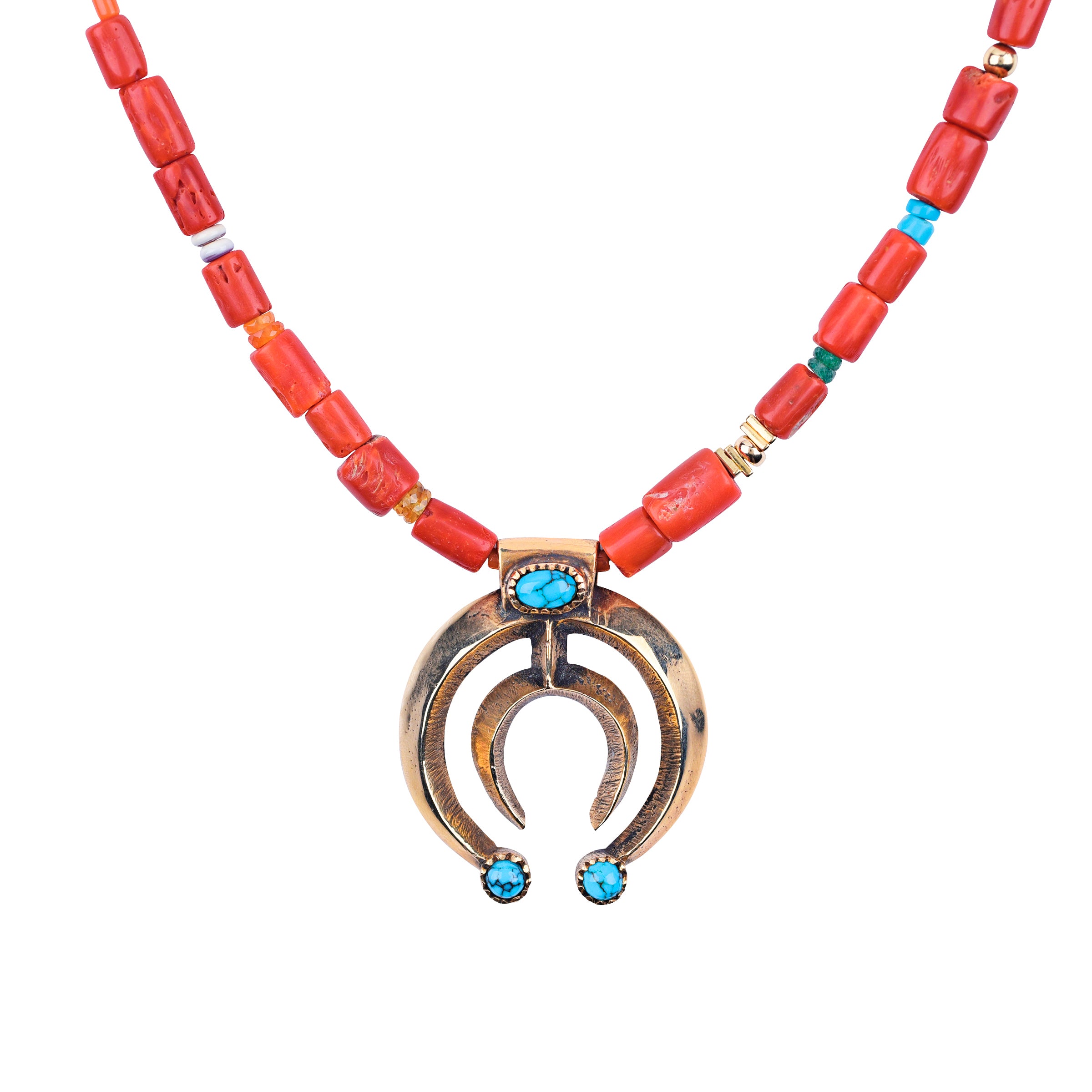 A 14K gold necklace with red coral and turquoise beads, featuring a gold naja pendant.