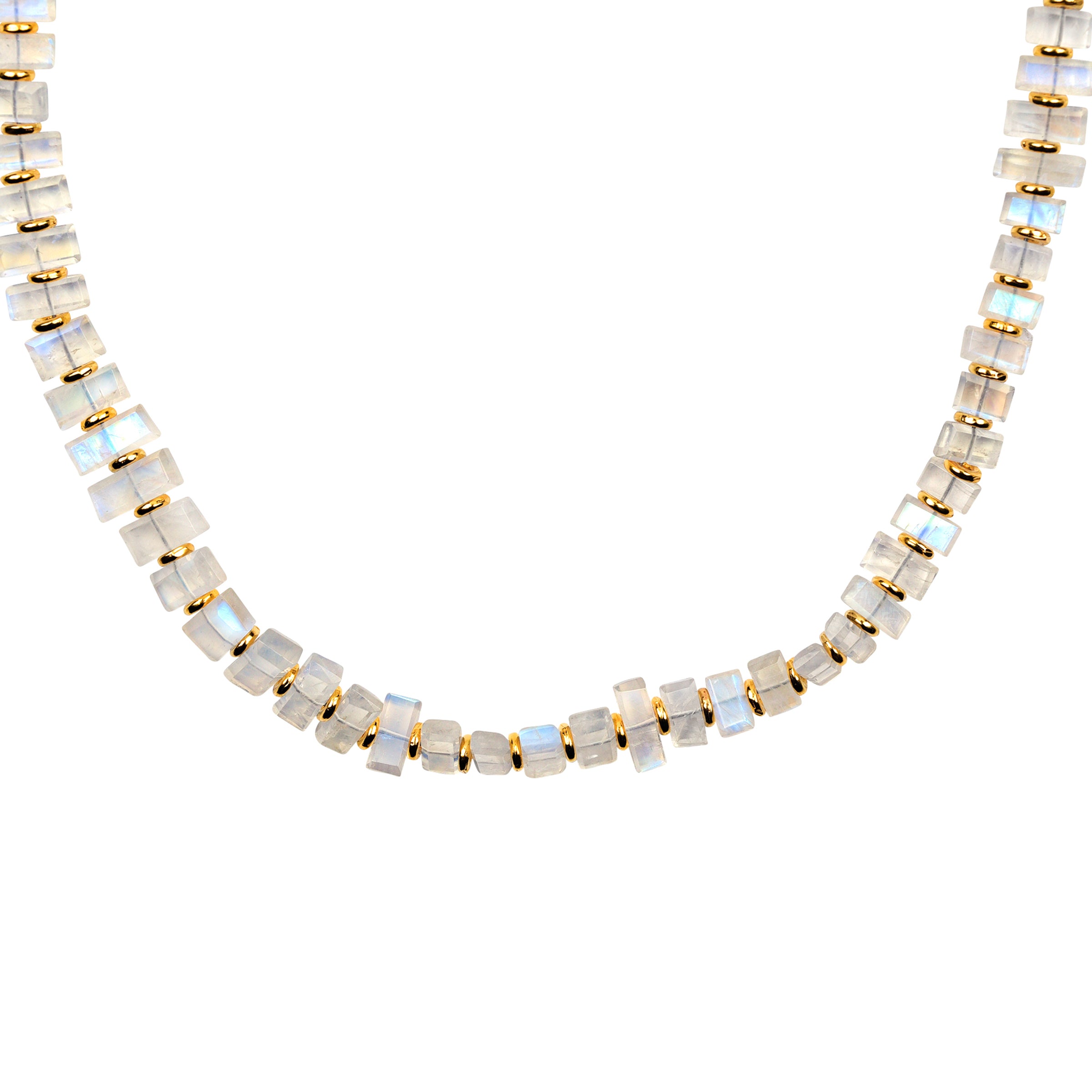 A 14k gold-plated necklace with iridescent moonstone beads and a turquoise stone on the clasp.