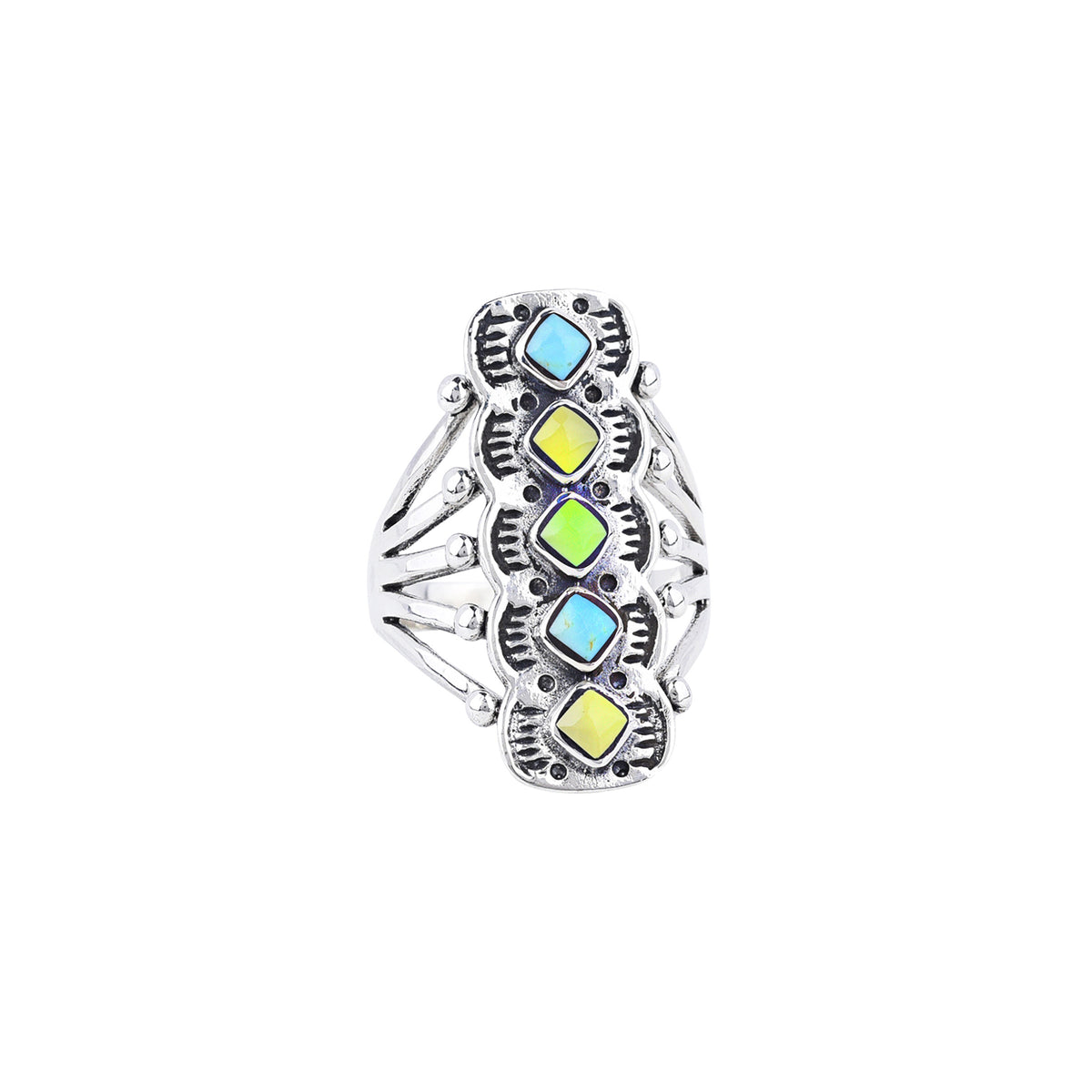 A sterling silver ring with blue and green turquoise stones in an artistic triangular pattern and a split shank band.