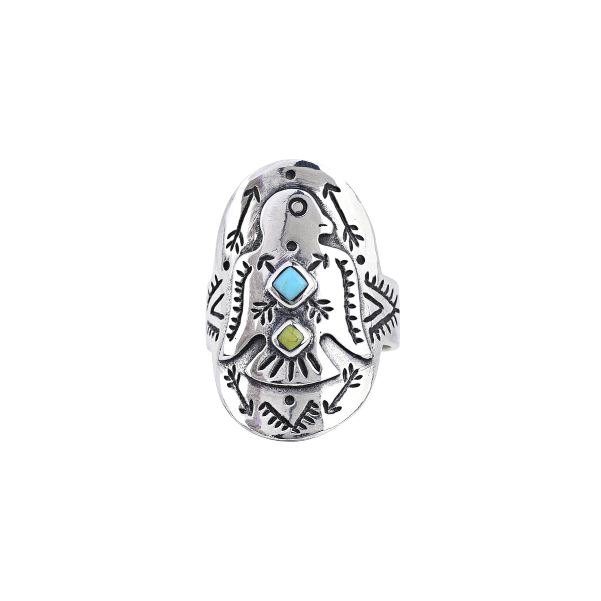 A sterling silver shield ring with a bird motif and Blue & Green Turquoise stones as the centerpiece and intricate southwest stamped detailing.