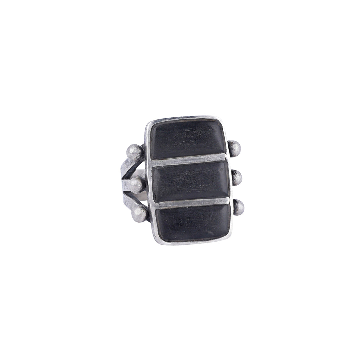 A sterling silver ring featuring three stacked rectangular onyx stones, accented with small silver beads on the sides, with a split shank band.