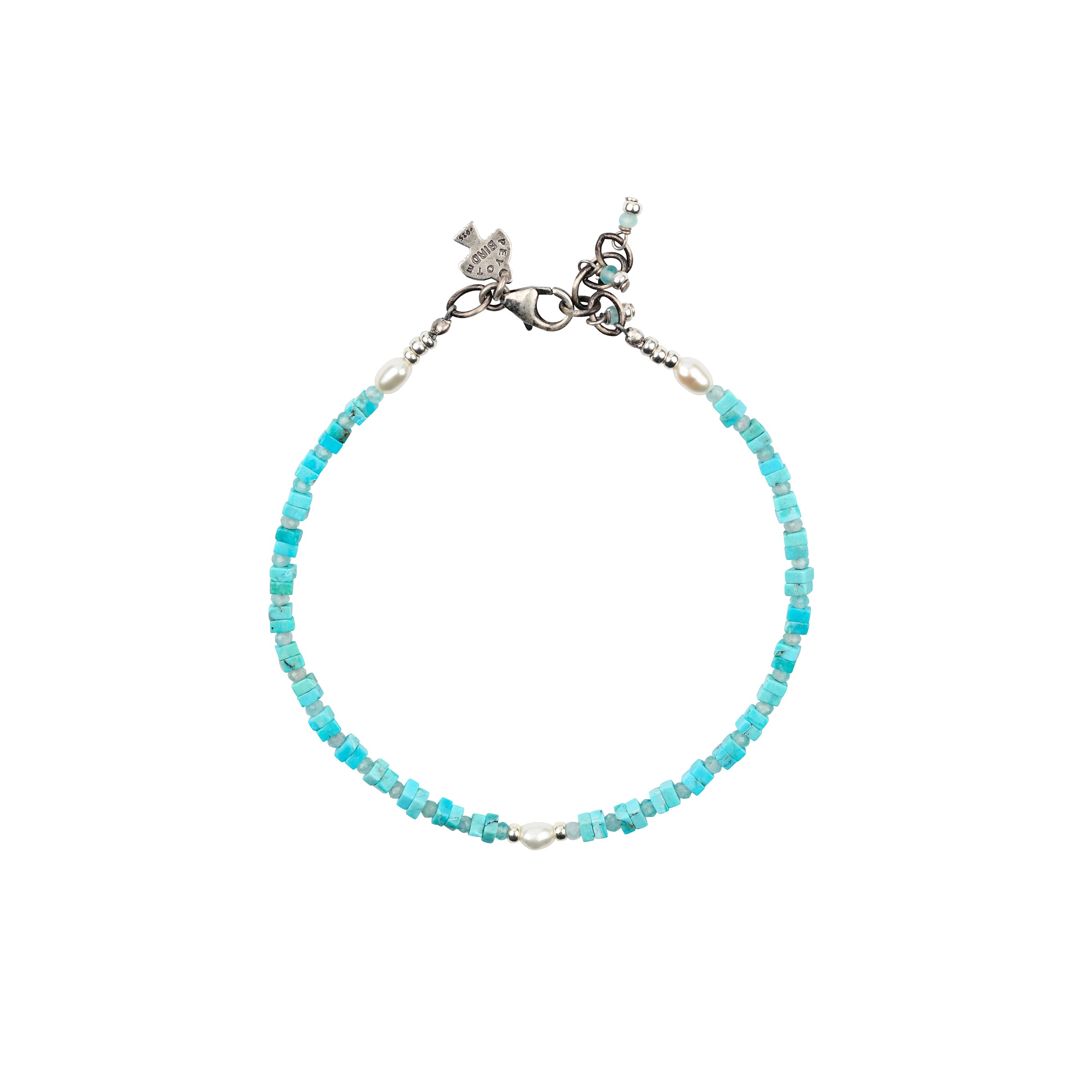 A Peyote Bird Original beaded bracelet featuring square Blue Turquoise beading spaced with Blue Peruvian Amazonite, and three Freshwater Pearls with Sterling Silver accents. This bracelet is adjustable from 17 inches to 17.75 inches.
