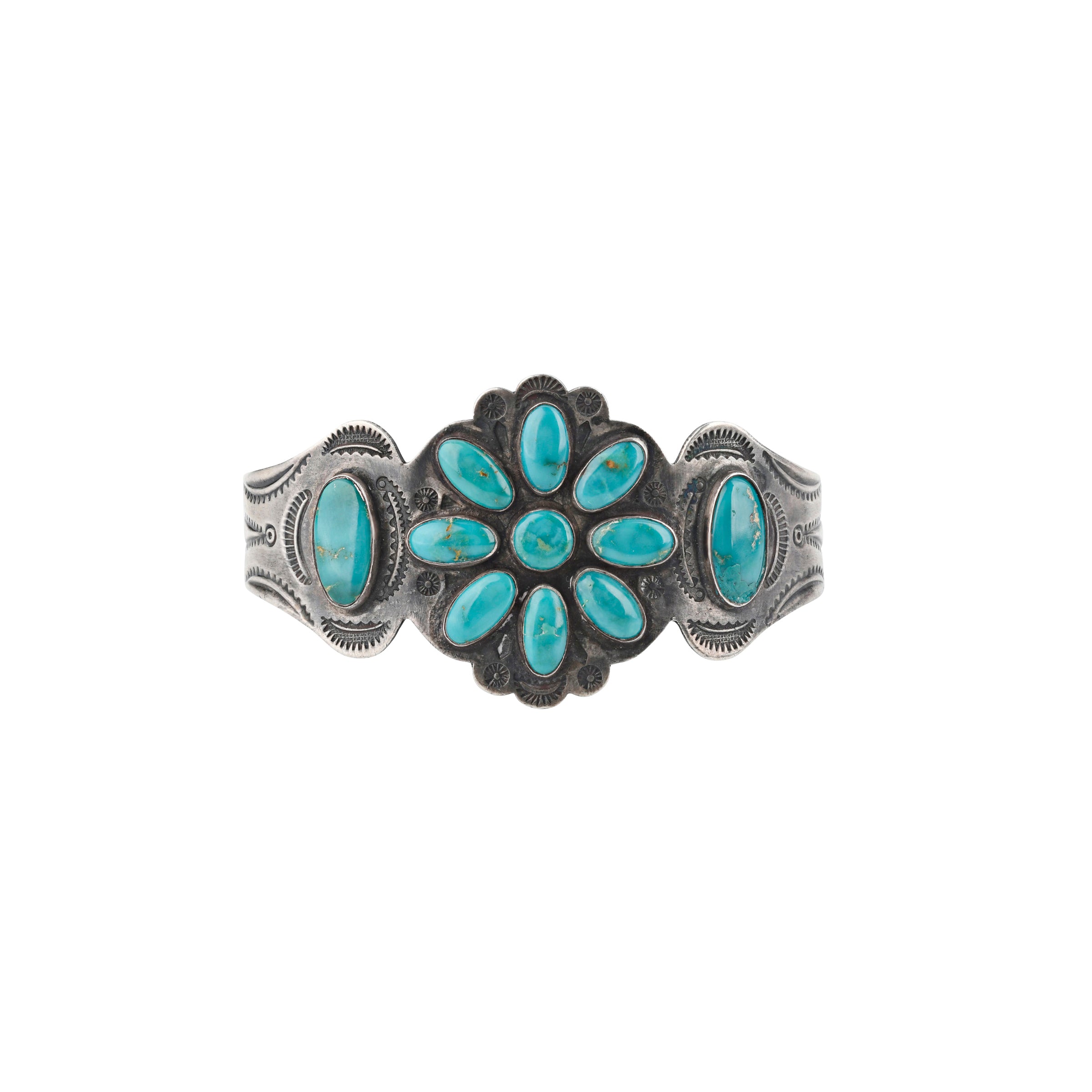 Vintage Navajo Sky Blossom Cuff, native, made in USA, sterling silver, turquoise, accessory