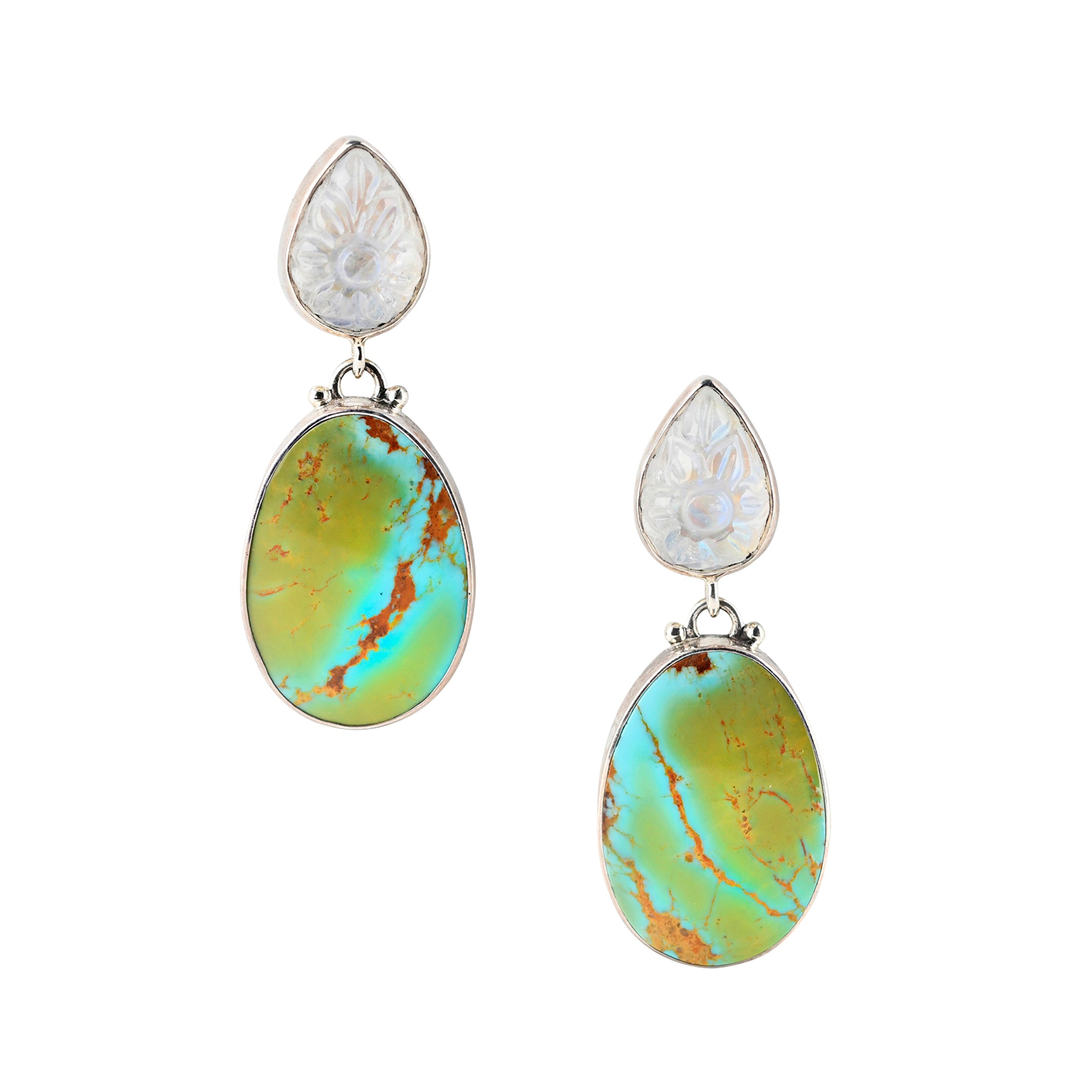 Turquoise and carved moonstone earrings wrapped in sterling silver.