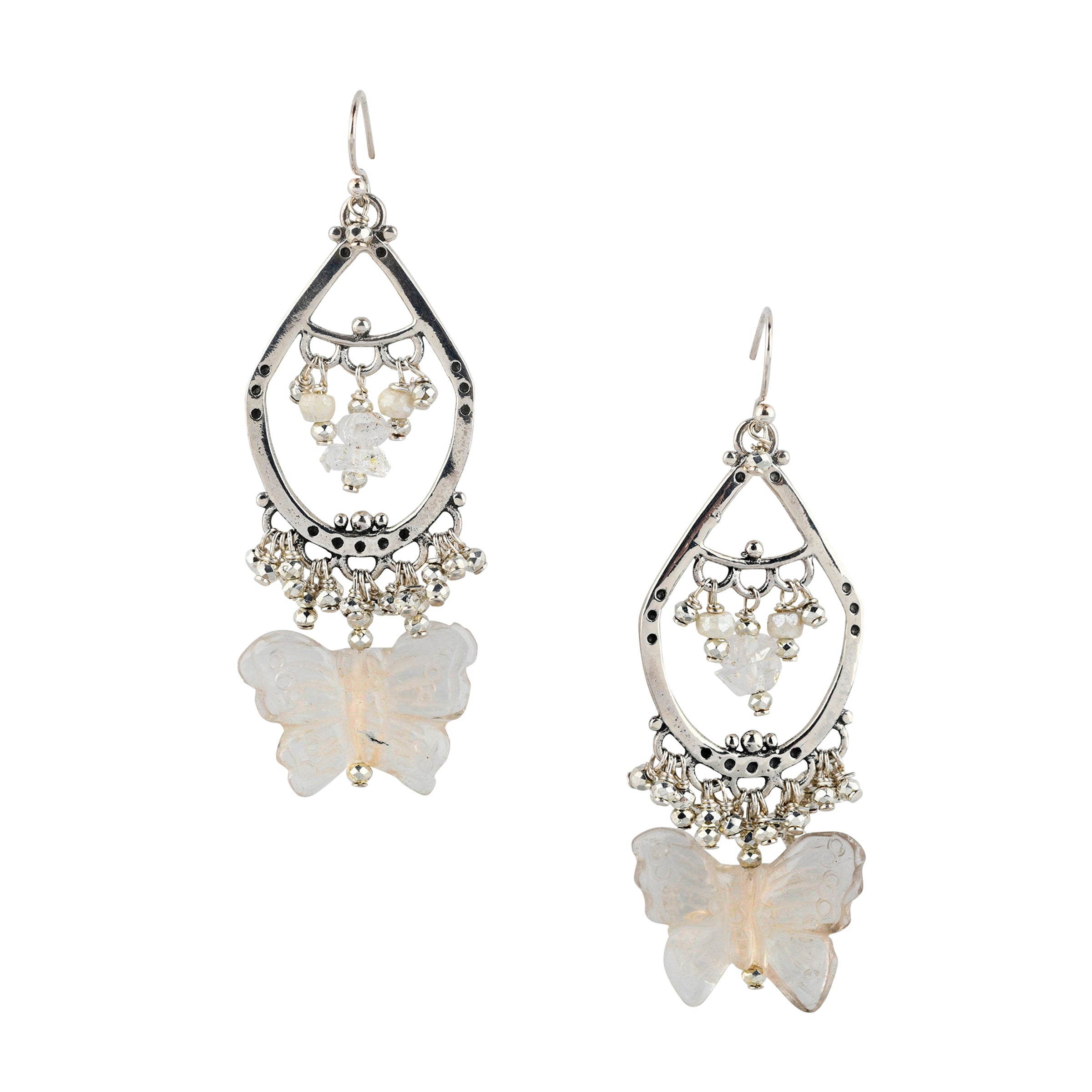 Sterling Silver hoop earrings with white charms and butterfly charm focal point.