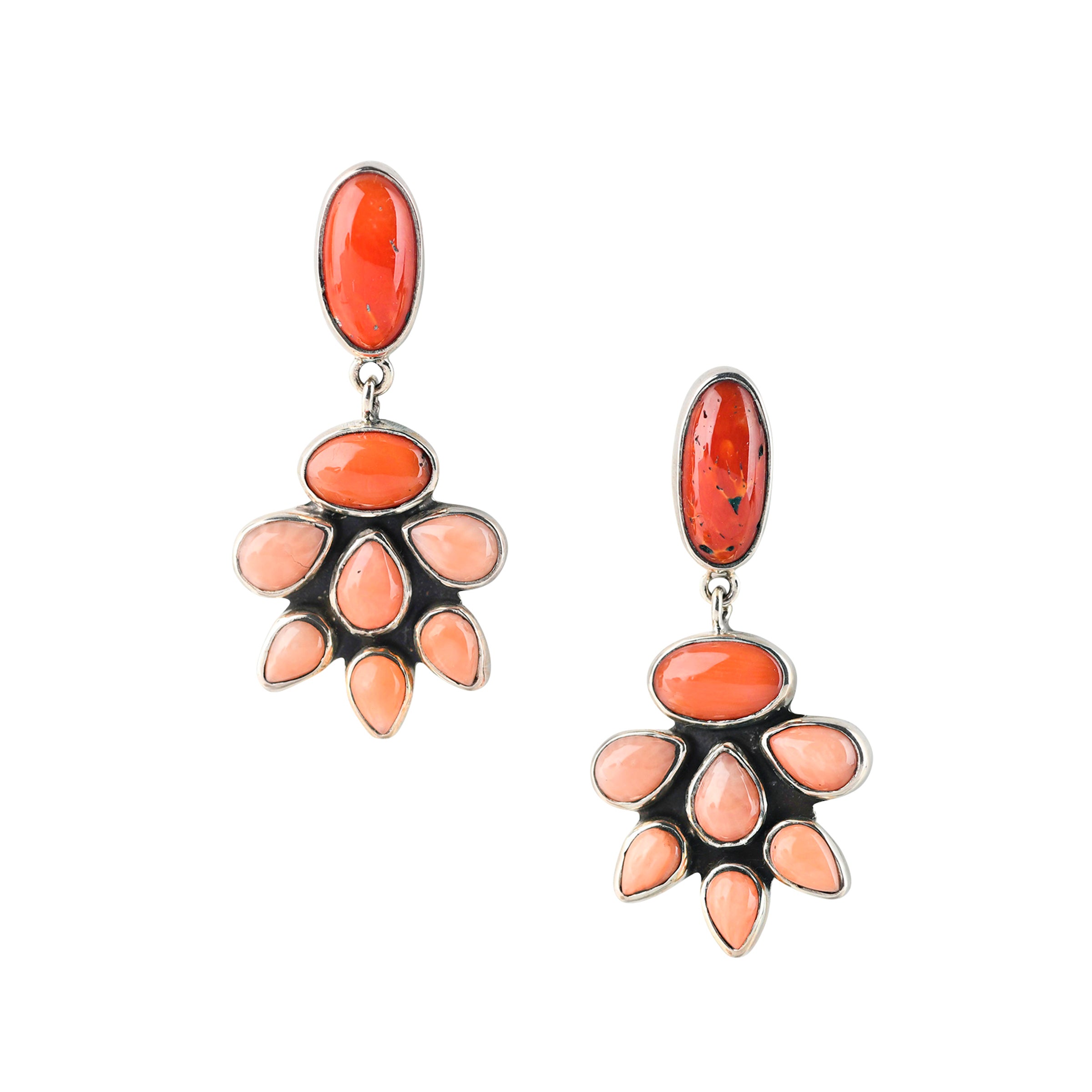 Sterling silver wrapped pink, red, and orange coral earrings.