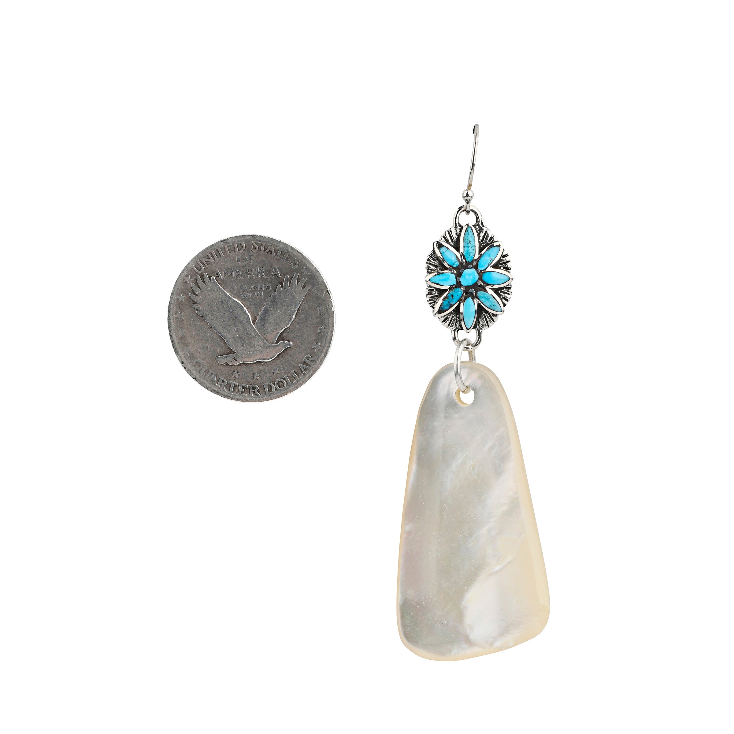 Peyote Bird Original Earrings featuring beautiful slabs of Mother of Pearl topped with Southwestern Blue Turquoise floral concho-like beading