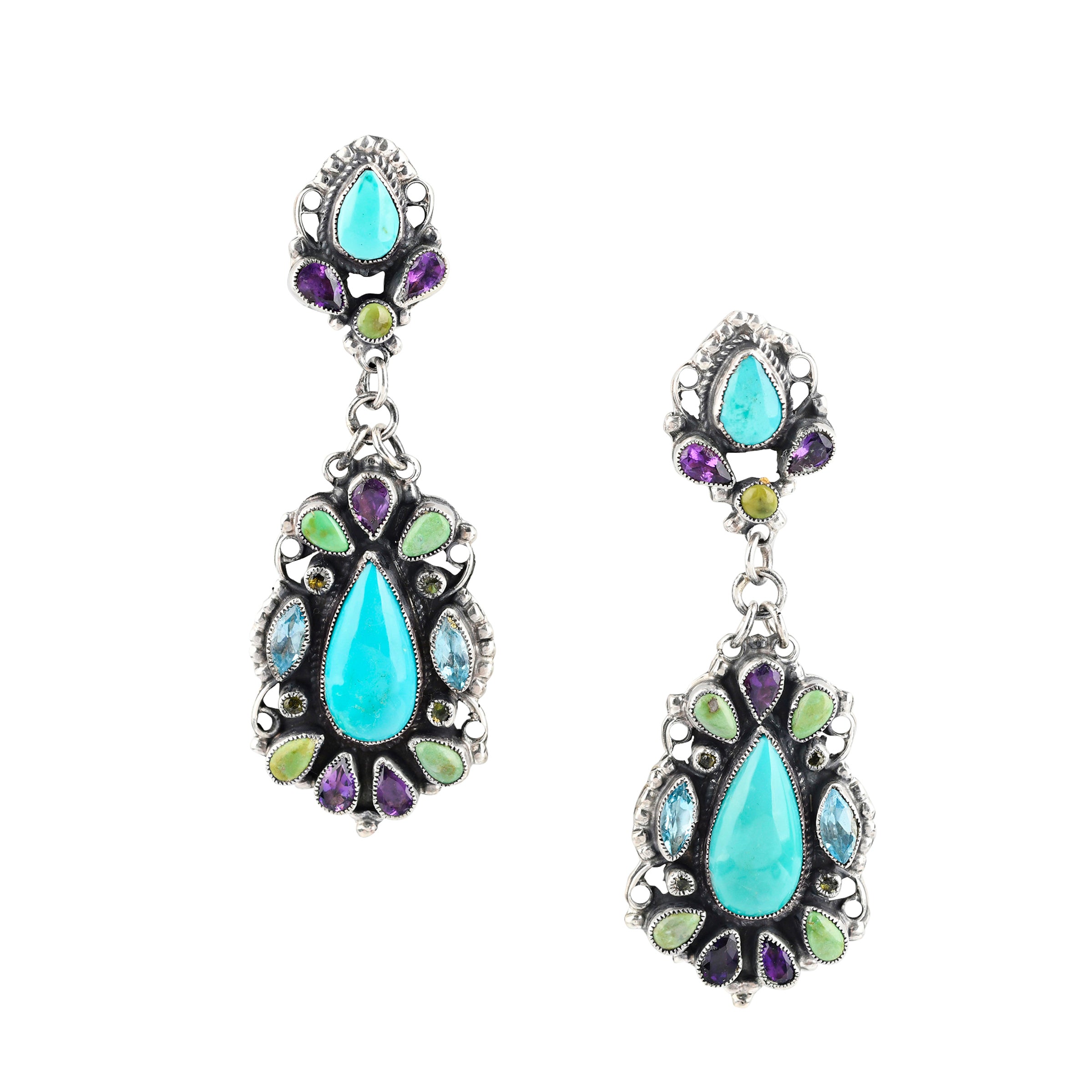 Large statement teardrop earrings featuring Blue Turquoise, Gaspeite, Aquamarine, and Amethyst finished with filigree detailing
