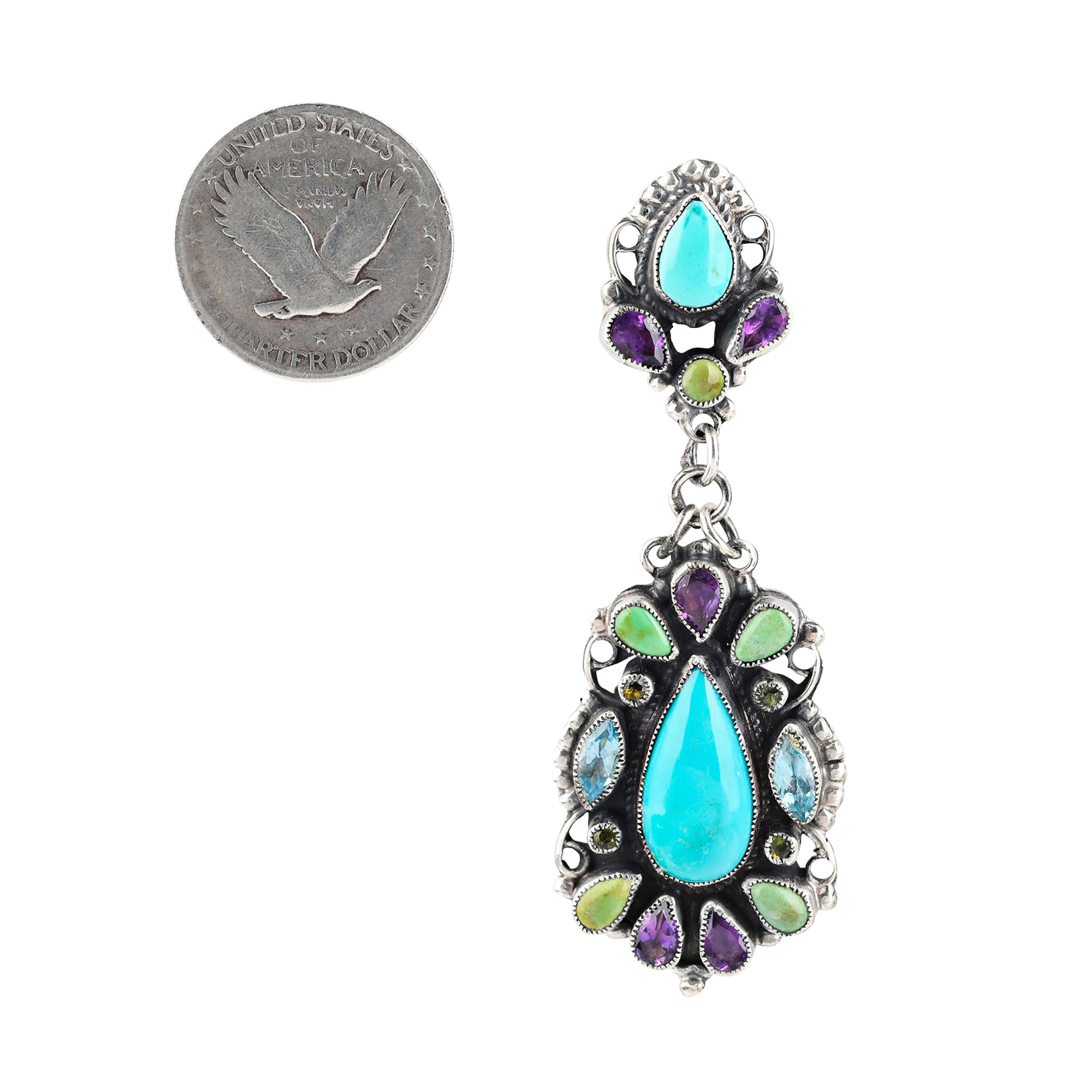 Large statement teardrop earrings featuring Blue Turquoise, Gaspeite, Aquamarine, and Amethyst finished with filigree detailing